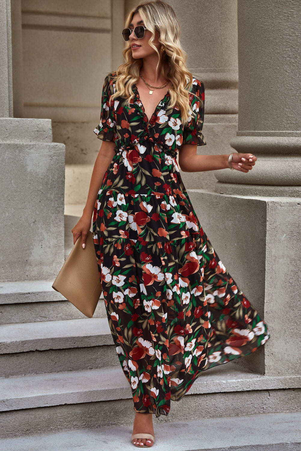 Dim Gray Floral V-Neck Short Flounce Sleeve Dress