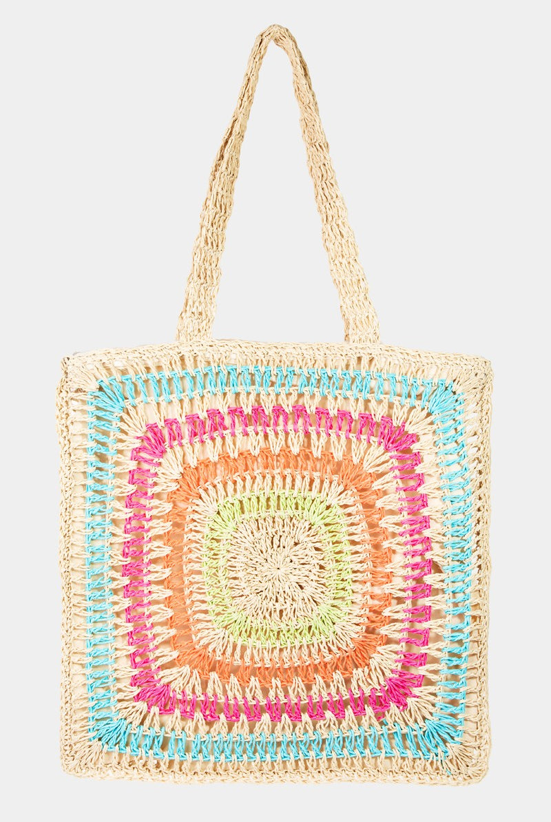 Antique White Fame Rainbow Crochet Knit Tote Bag