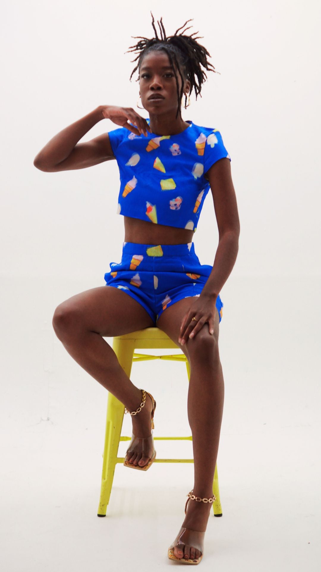 Beige Ice Cream Paint Job Holographic Shorts Set Outfit Sets