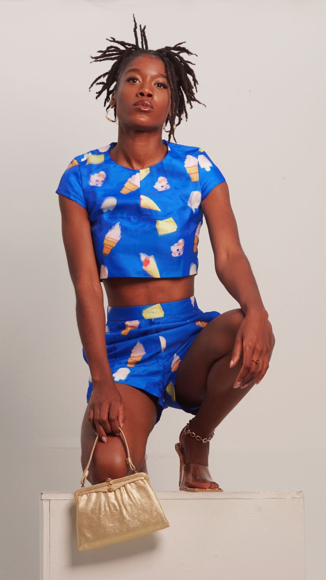 Gray Ice Cream Paint Job Holographic Shorts Set Outfit Sets