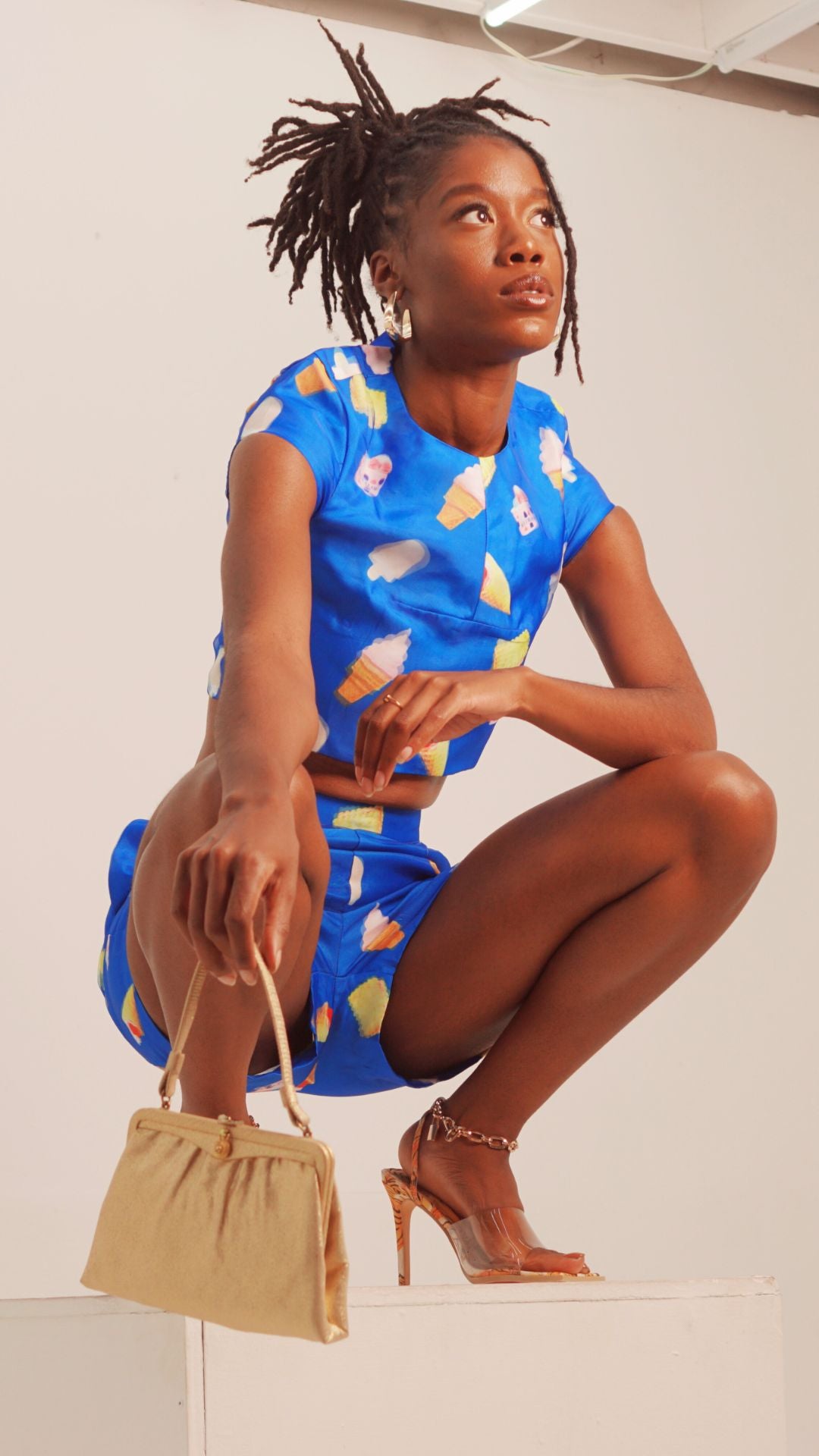 Light Gray Ice Cream Paint Job Holographic Shorts Set Outfit Sets