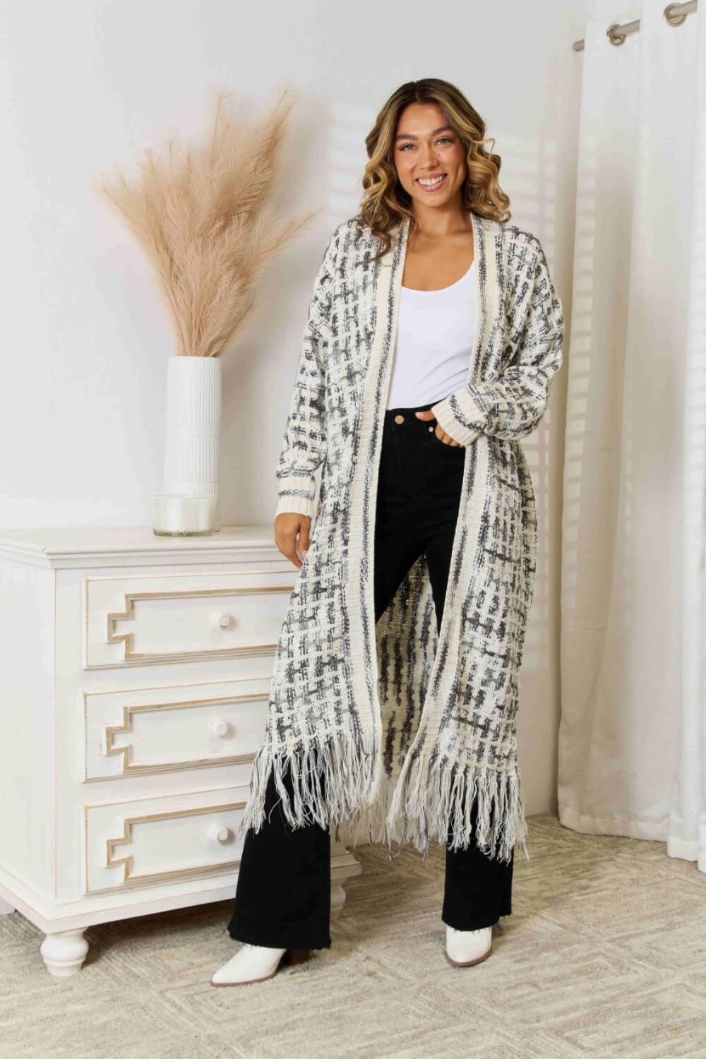 Light Gray Multicolored Open Front Fringe Hem Cardigan Clothing