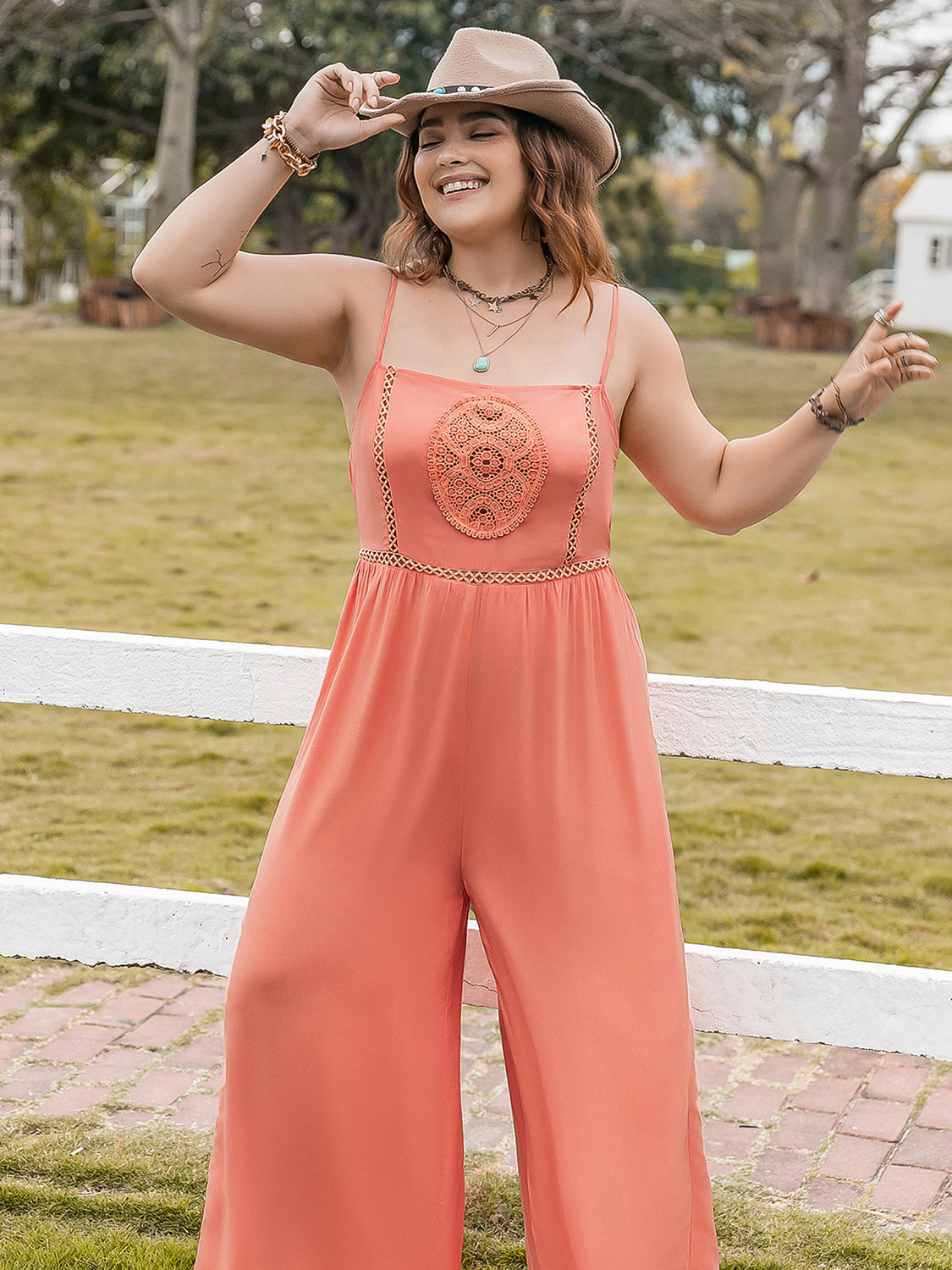 Rosy Brown Plus Size Lace Detail Spaghetti Strap Wide Leg Jumpsuit