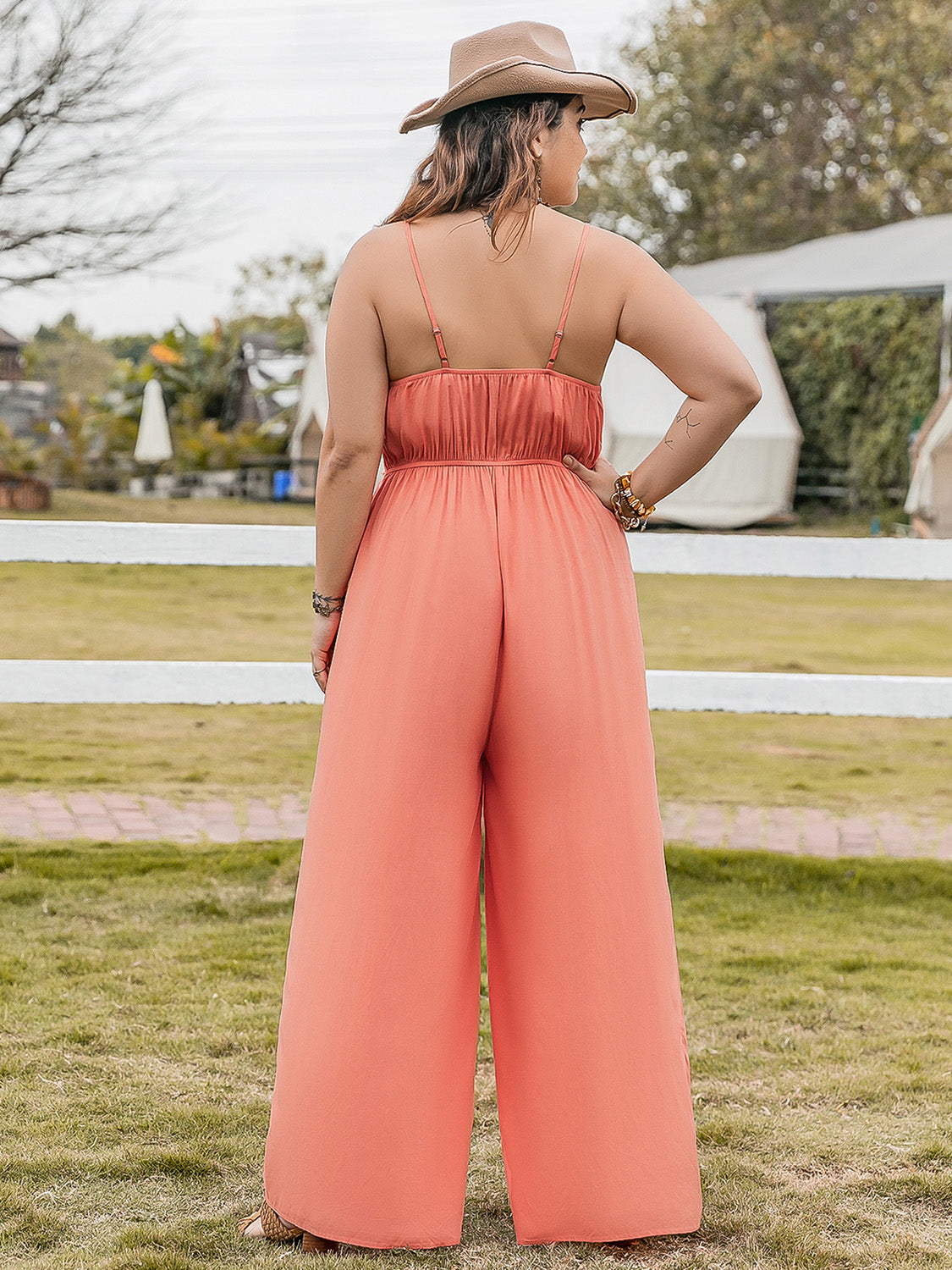 Rosy Brown Plus Size Lace Detail Spaghetti Strap Wide Leg Jumpsuit