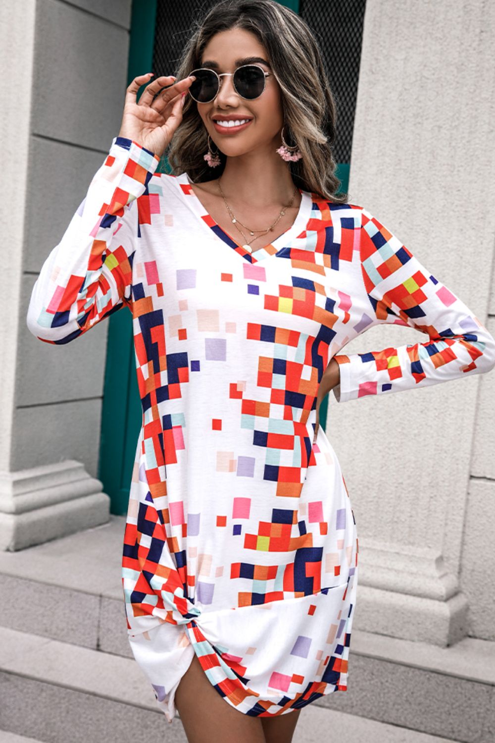 Light Gray Rainbow Checker Twisted Long Sleeve Dress