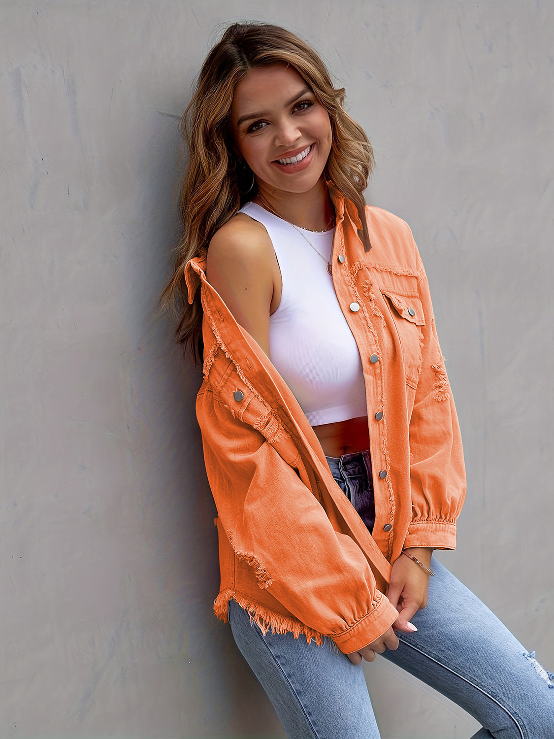Rosy Brown Distressed Drop Shoulder Denim Jacket