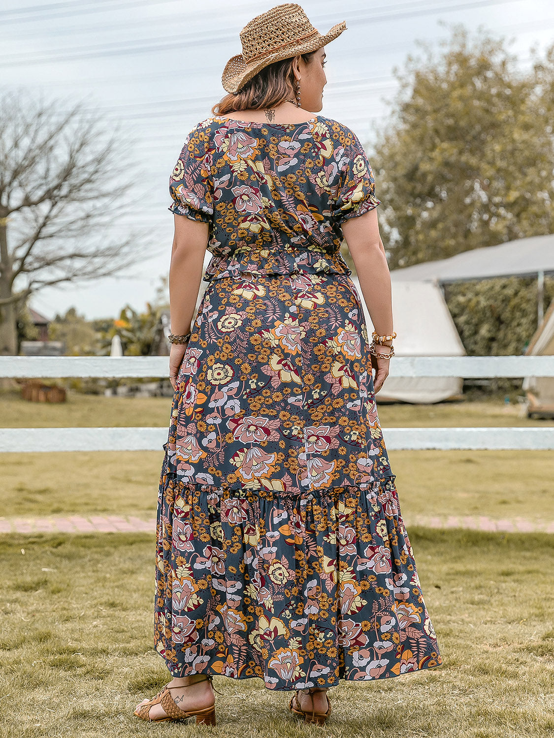 Rosy Brown Plus Size Tie Neck Short Sleeve Top and Skirt Set
