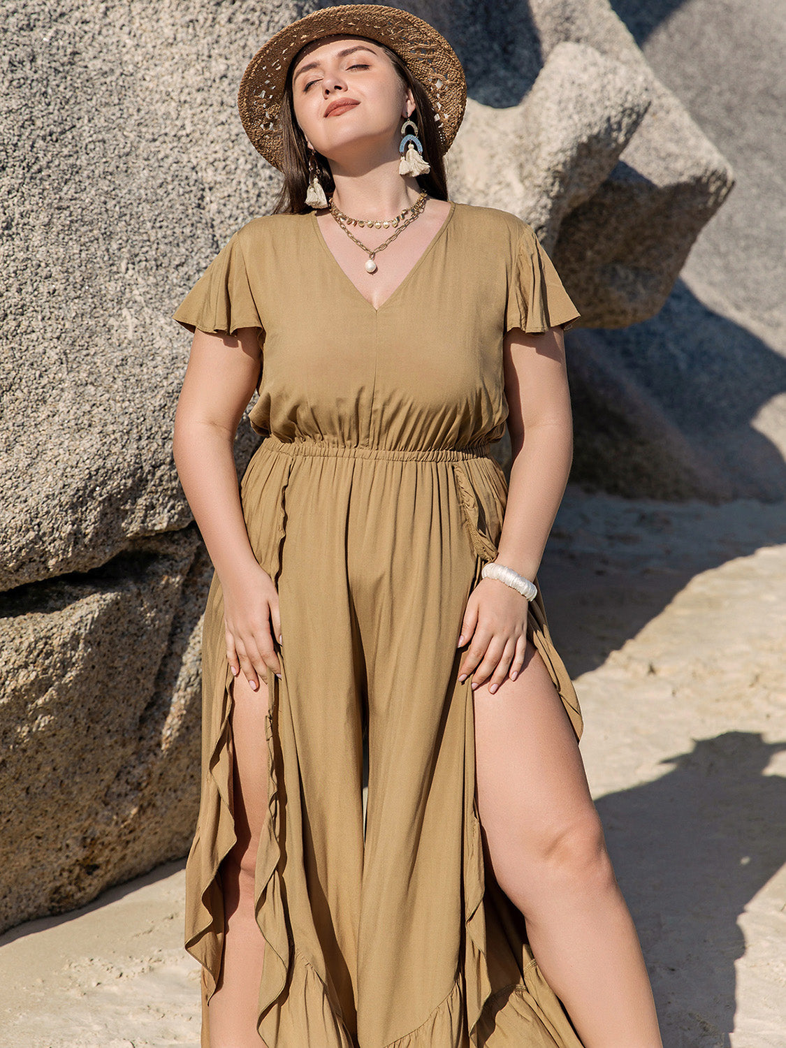Rosy Brown Plus Size Slit Ruffled V-Neck Jumpsuit