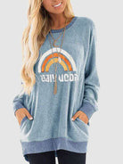 Light Gray Rainbow Graphic Round Neck Sweatshirt with Pockets