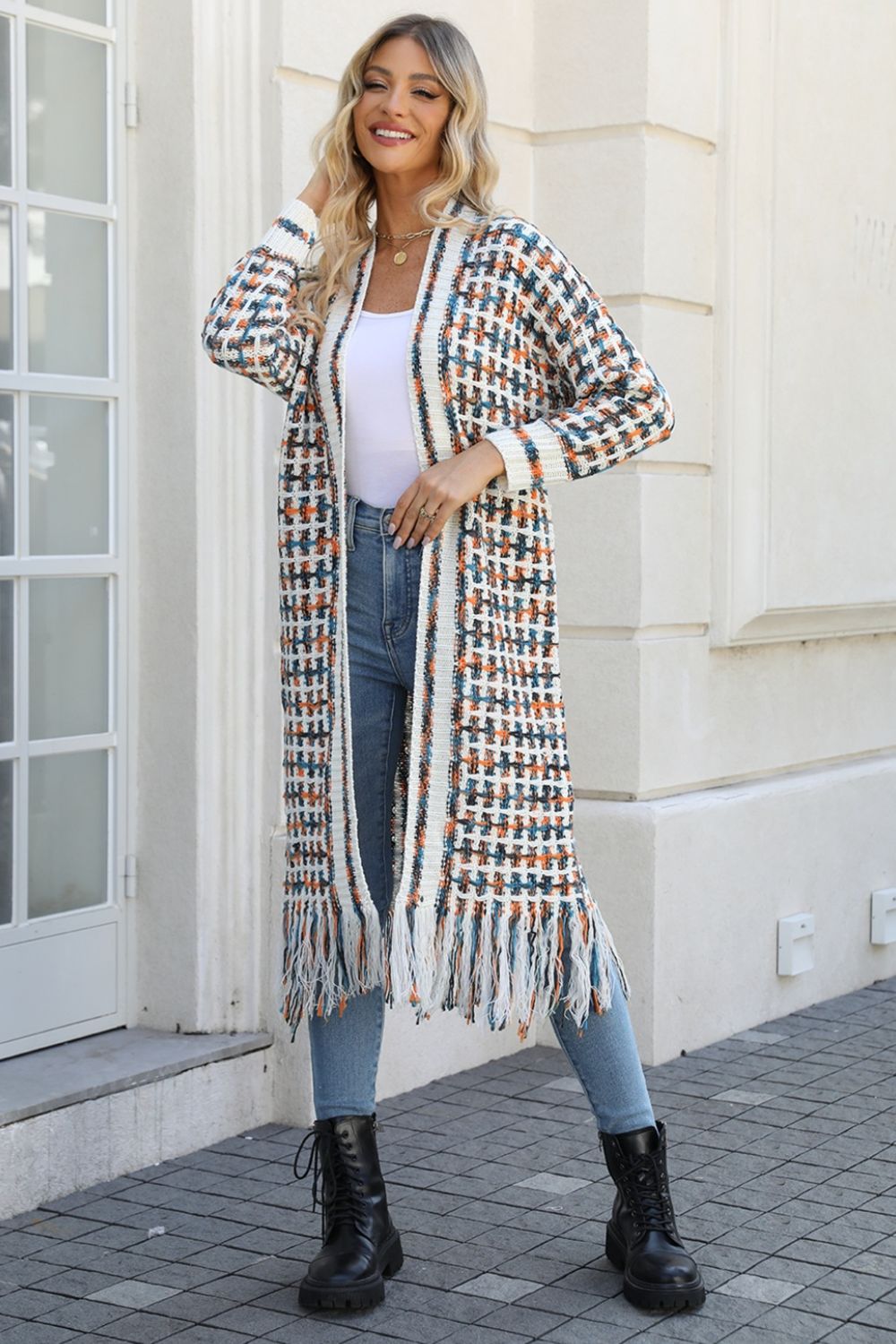 Gray Multicolored Open Front Fringe Hem Cardigan Clothing
