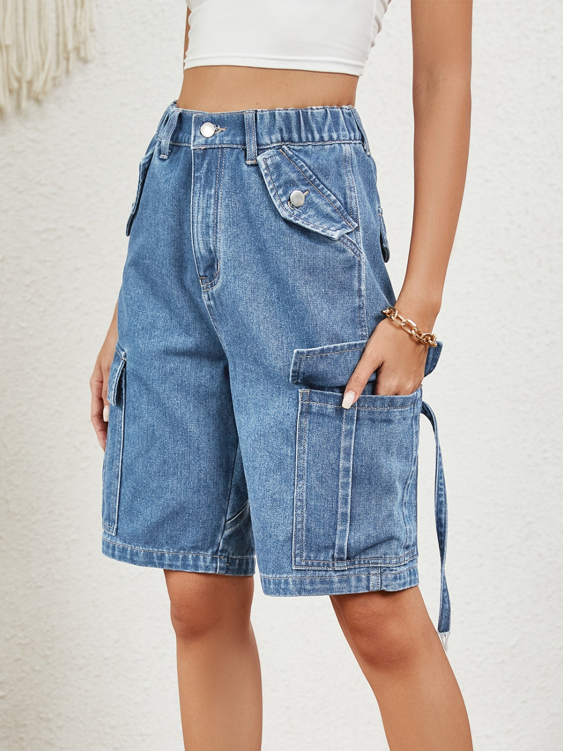 Light Gray Buttoned Elastic Waist Denim Shorts with Pockets Denim