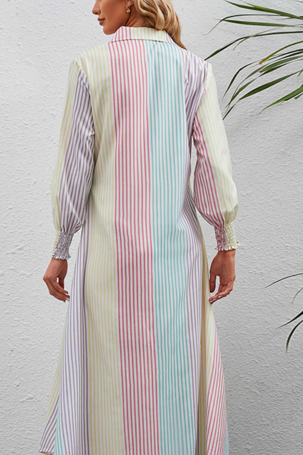 Gray Rainbow Stripe Button-Up Maxi Shirt Dress