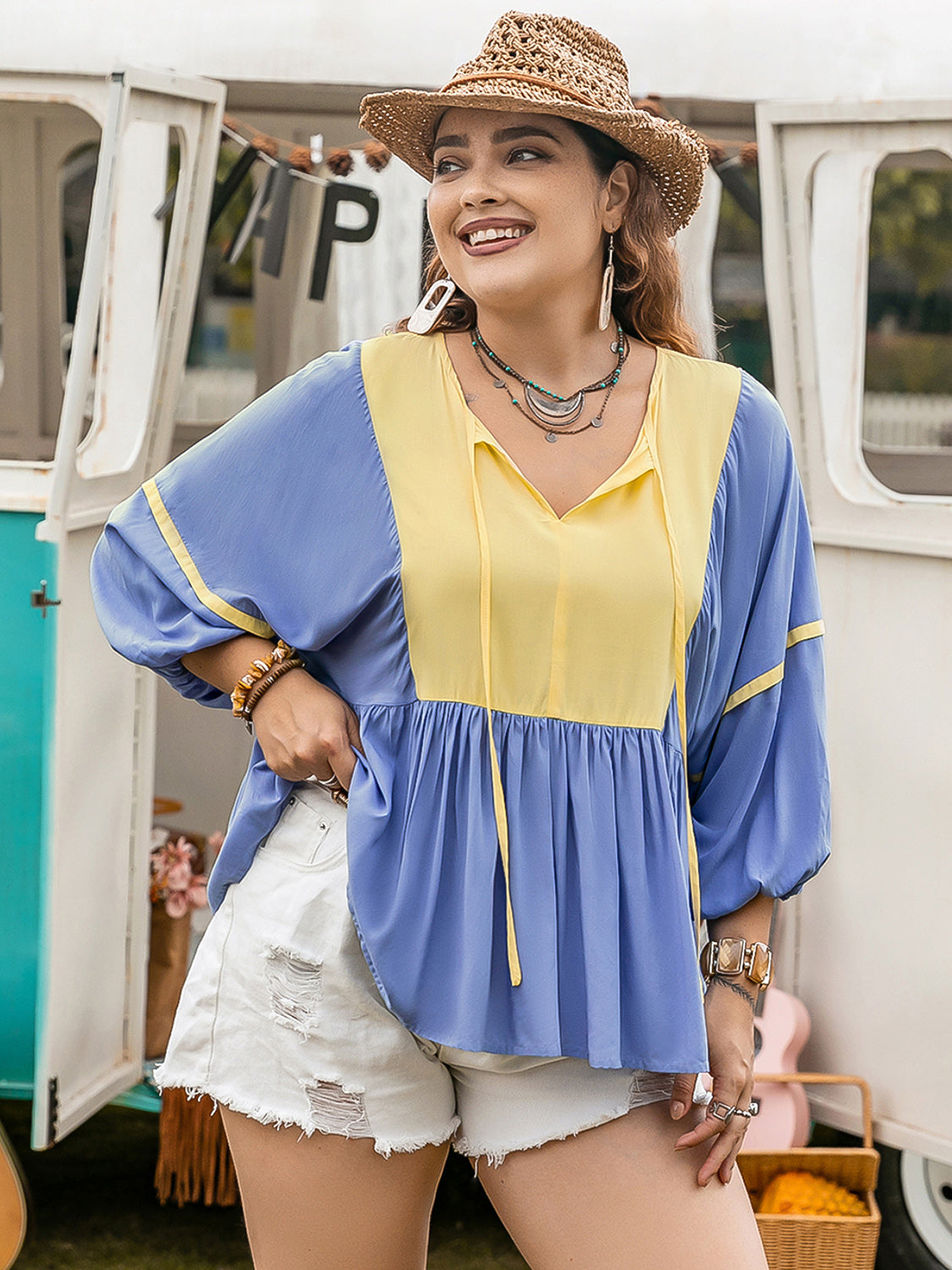 Gray Plus Size Ruched Tie Neck Balloon Sleeve Blouse