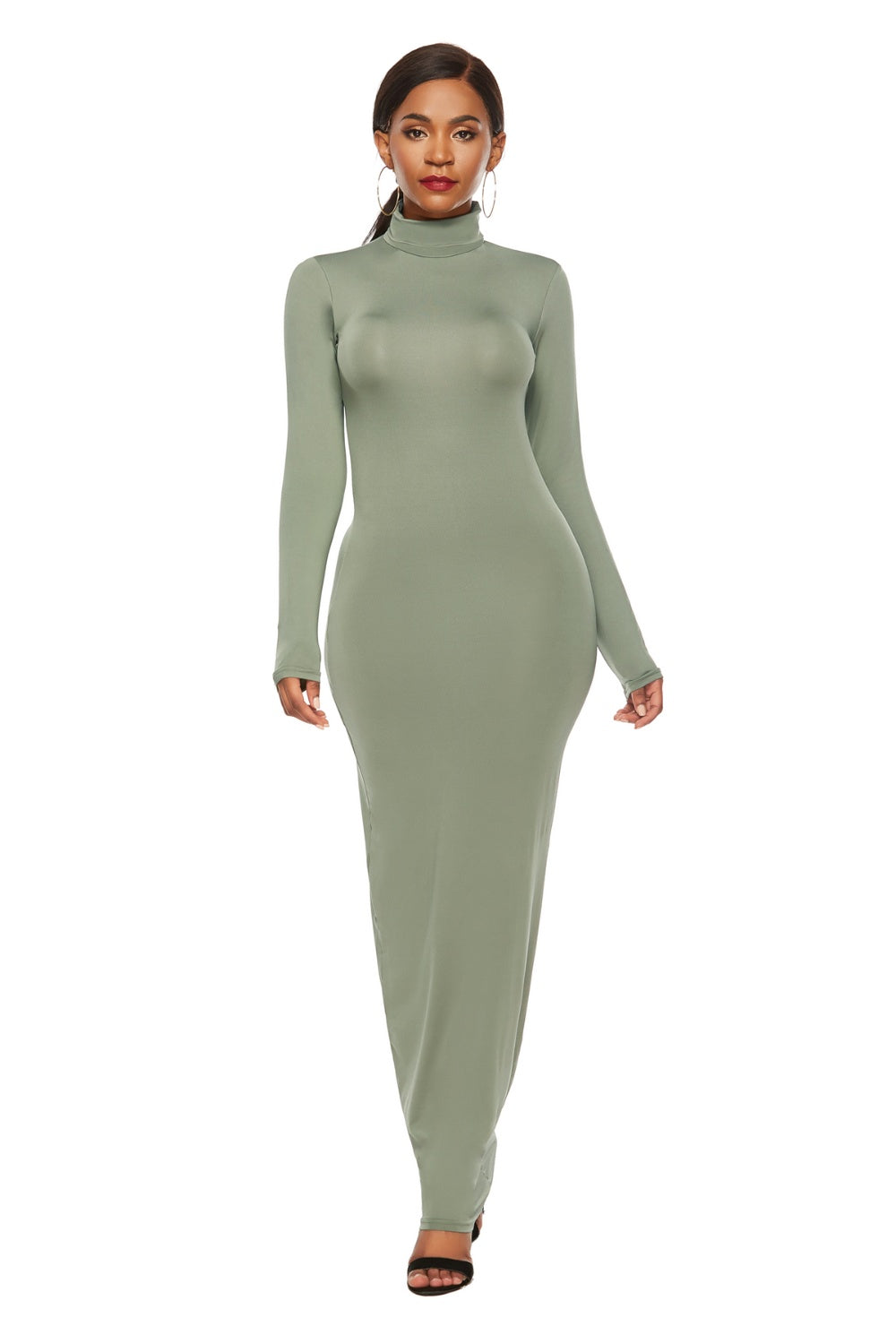 Dark Sea Green Mock Neck Long Sleeve Maxi Slim Dress Trends