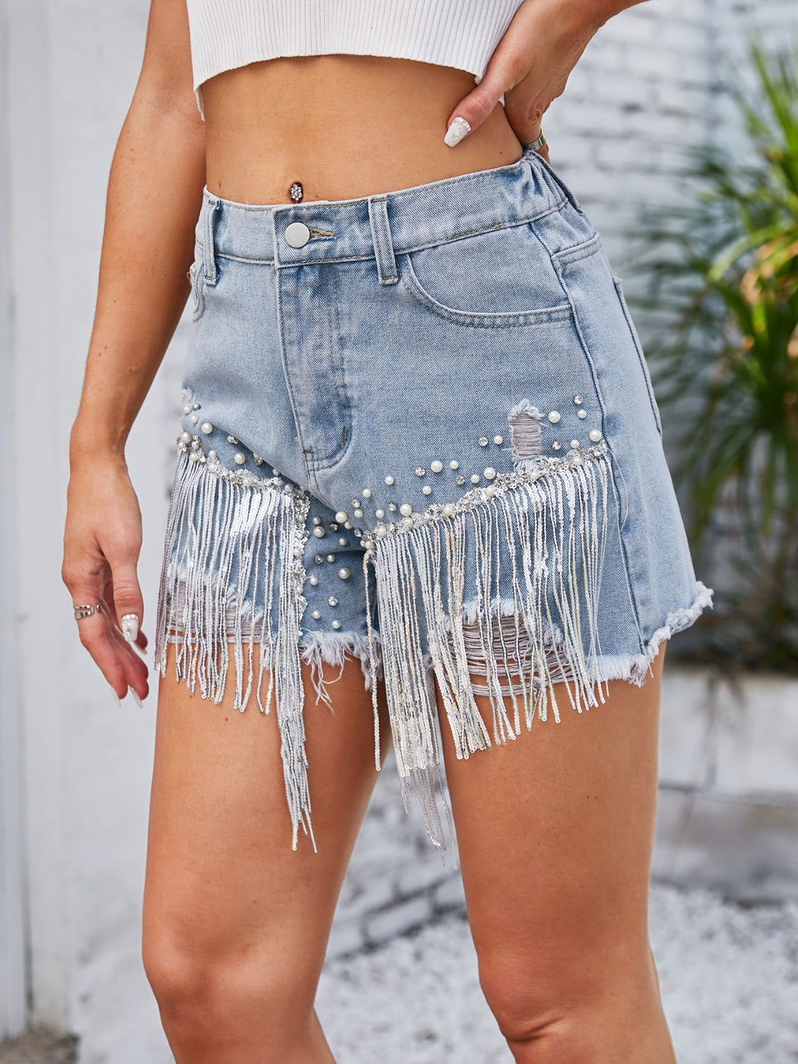 Dark Gray Distressed Pearl Trim Denim Shorts with Pockets Denim