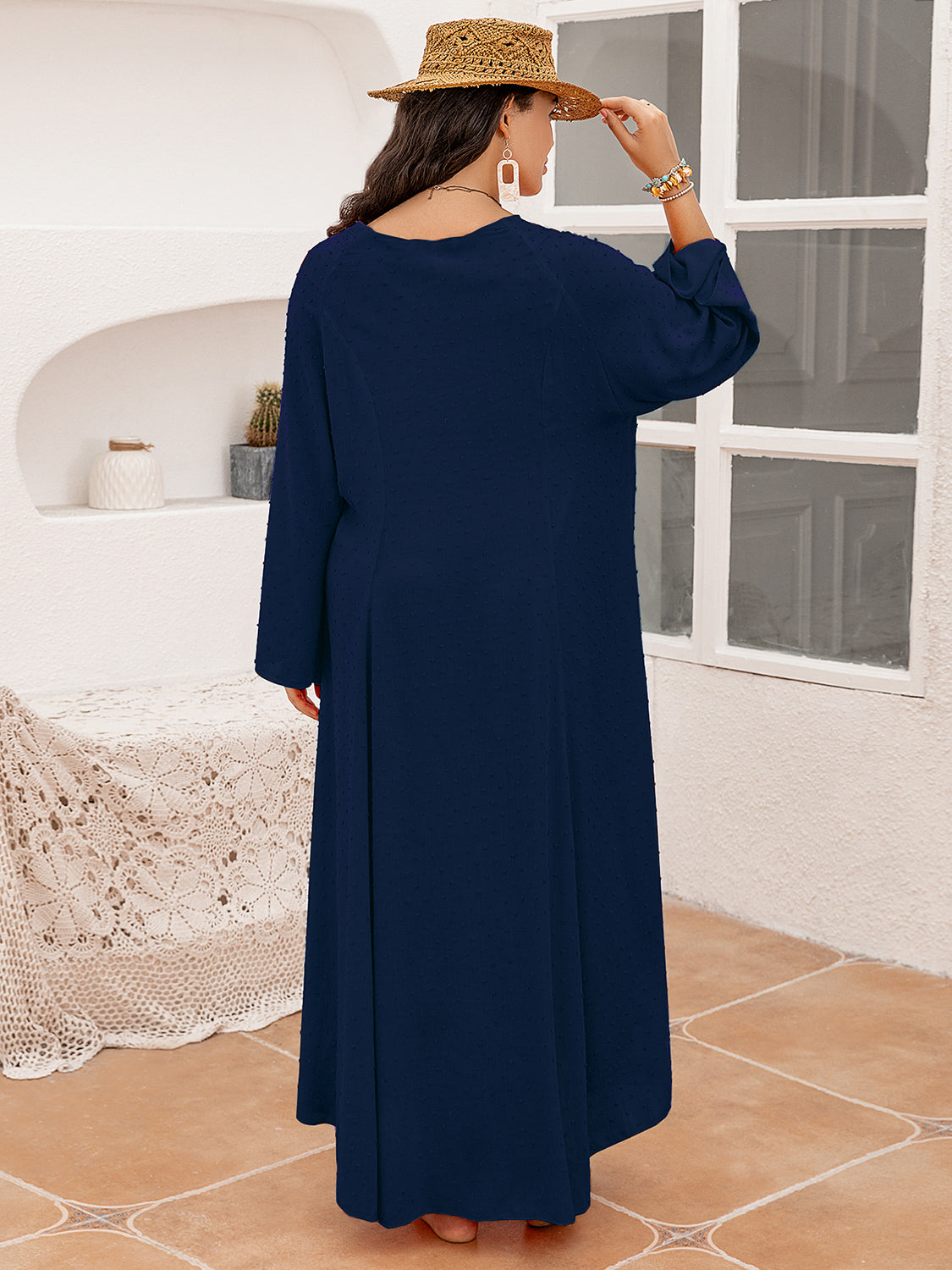 Midnight Blue Island Sunset Plus Size Tie Neck Long Sleeve Slit Dress Vacation