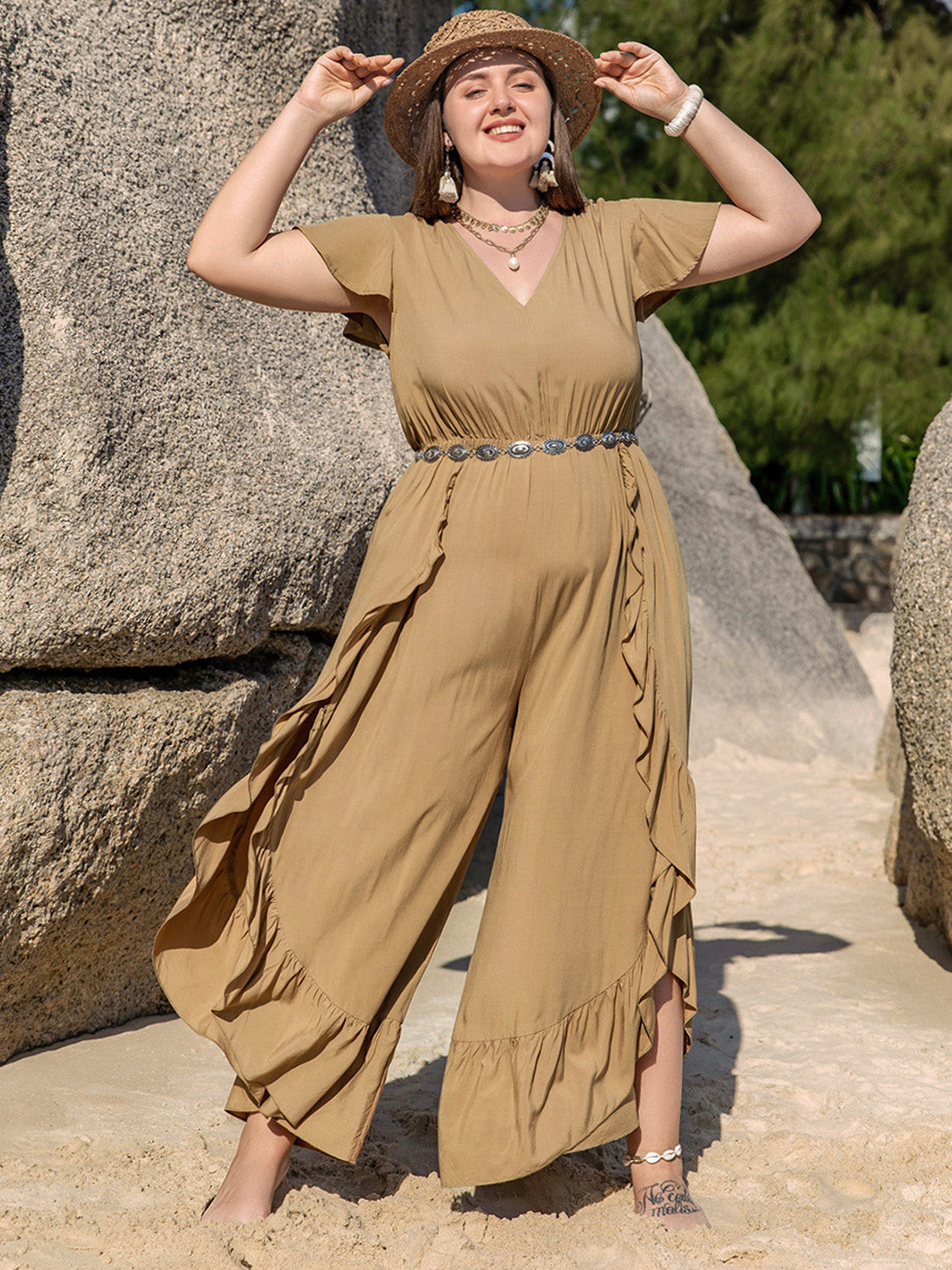 Rosy Brown Plus Size Slit Ruffled V-Neck Jumpsuit