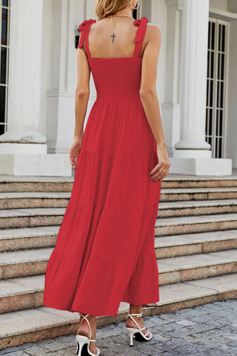 Dark Gray Tie-Shoulder Smocked Tiered Dress