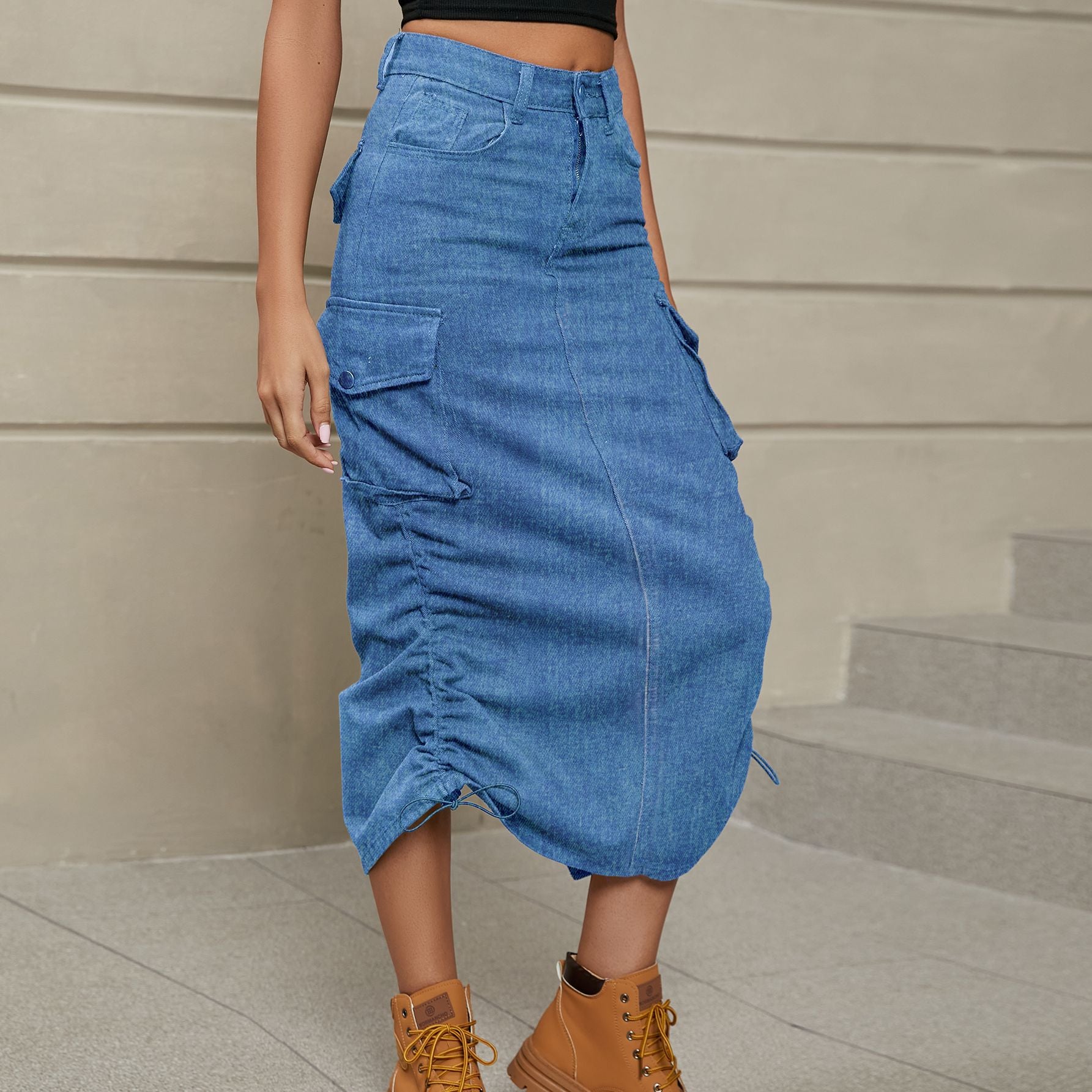 Rosy Brown Drawstring Ruched Slit Denim Midi Skirt Denim