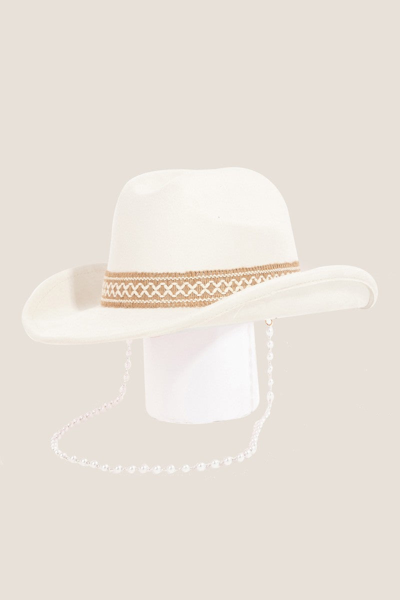Antique White Trailblazer Ornate Band Cowboy Hat With Faux Pearl Beaded Strap Hats