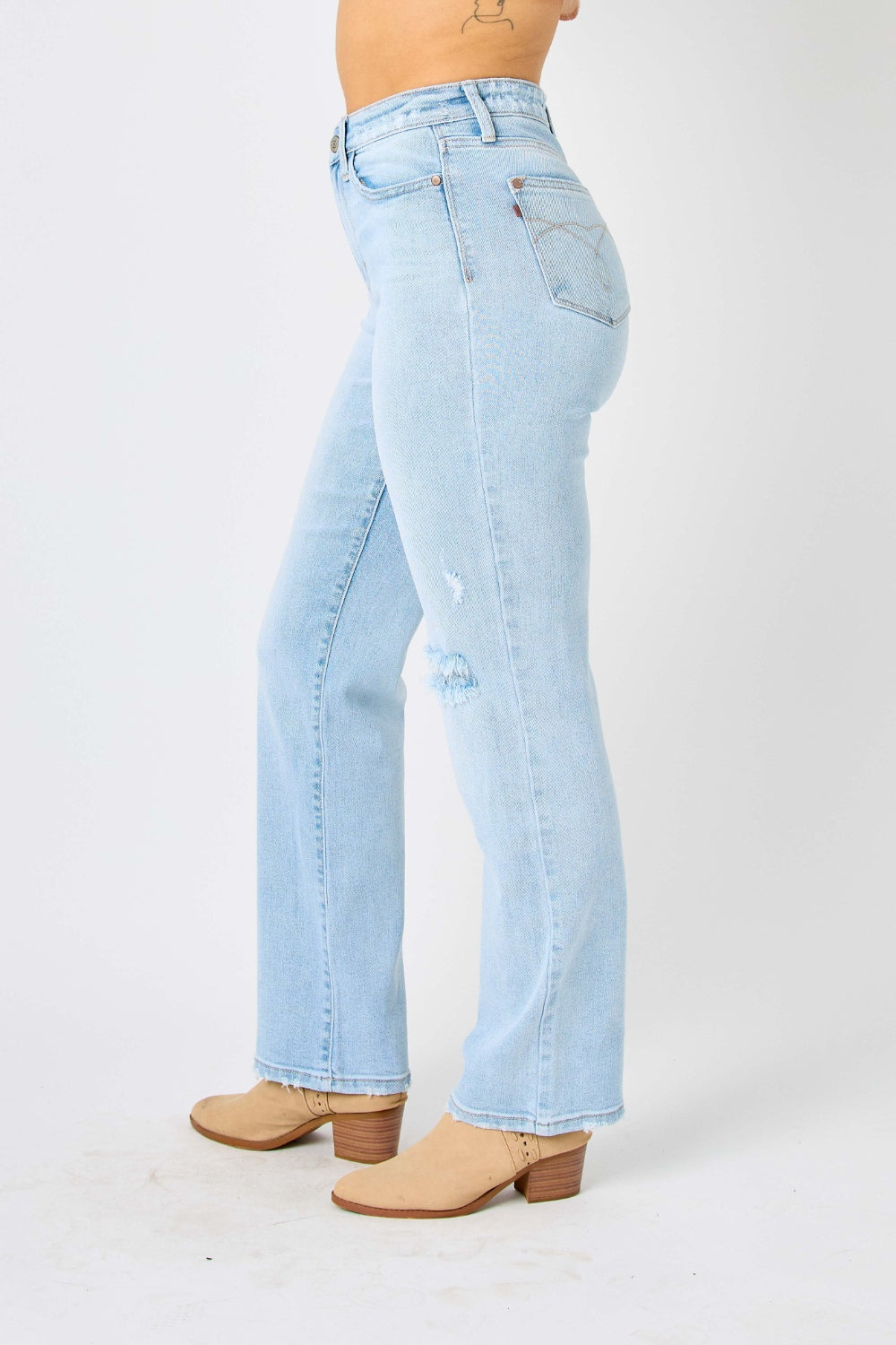 Light Gray Judy Blue Full Size High Waist Distressed Straight Jeans Denim