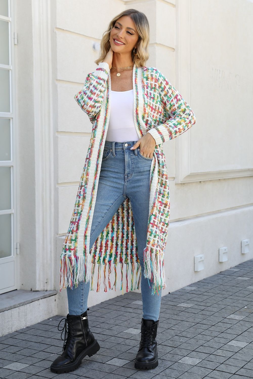 Light Gray Multicolored Open Front Fringe Hem Cardigan Clothing