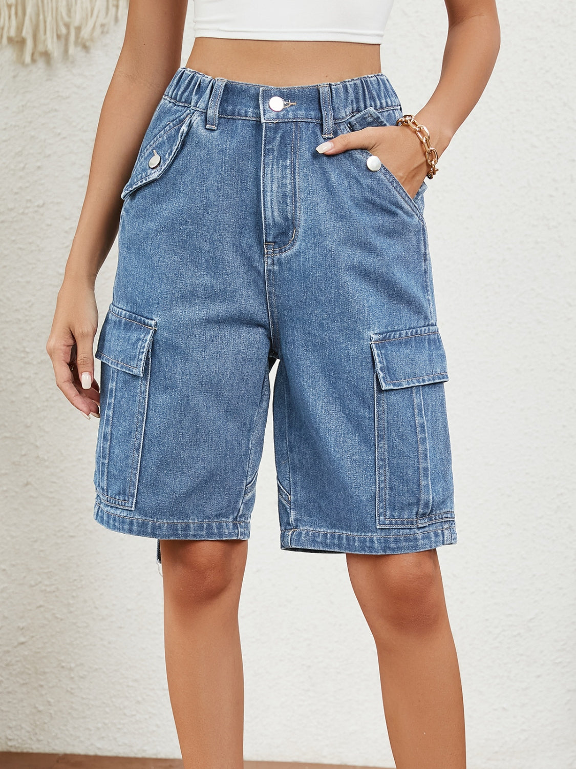Light Gray Buttoned Elastic Waist Denim Shorts with Pockets Denim