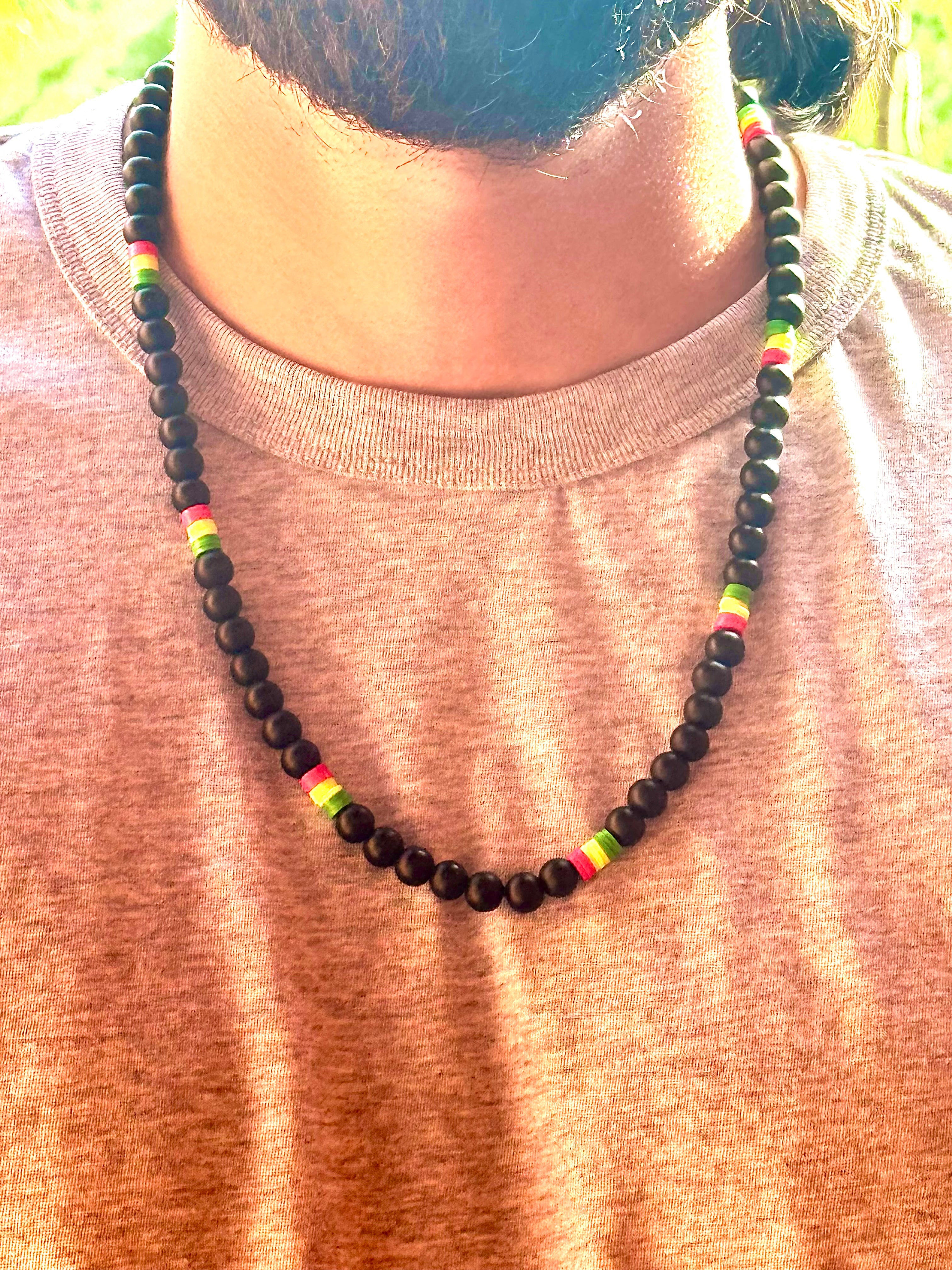 Dark Salmon Island Onyx Beaded Necklace – Handmade 22” Unisex Necklace with Clay Disc Beads & Lobster Clasp | Ivy Reina Roots Collection