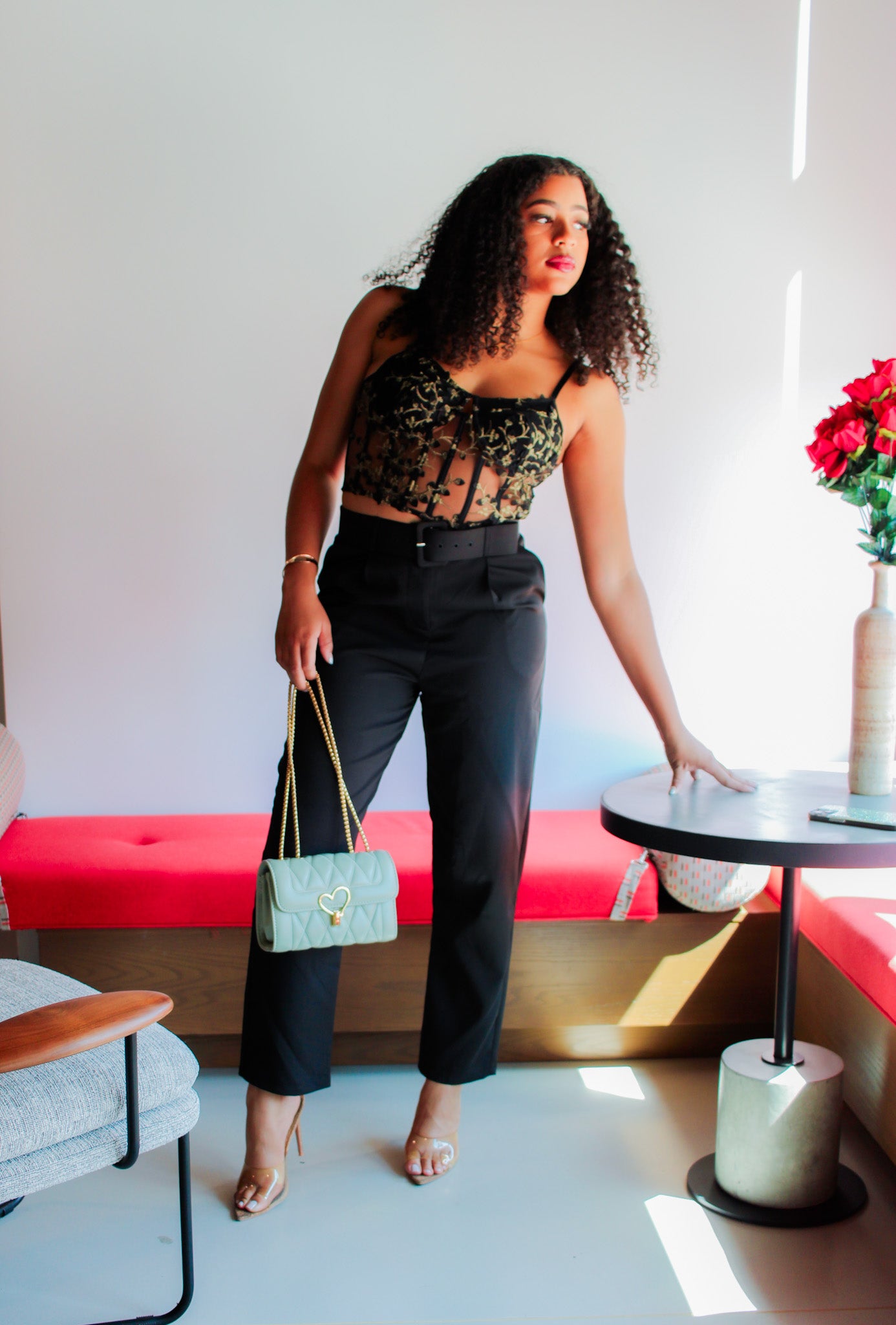 Gray Brings Me Peace Embroidered Spliced Mesh Bustier Crop Tops