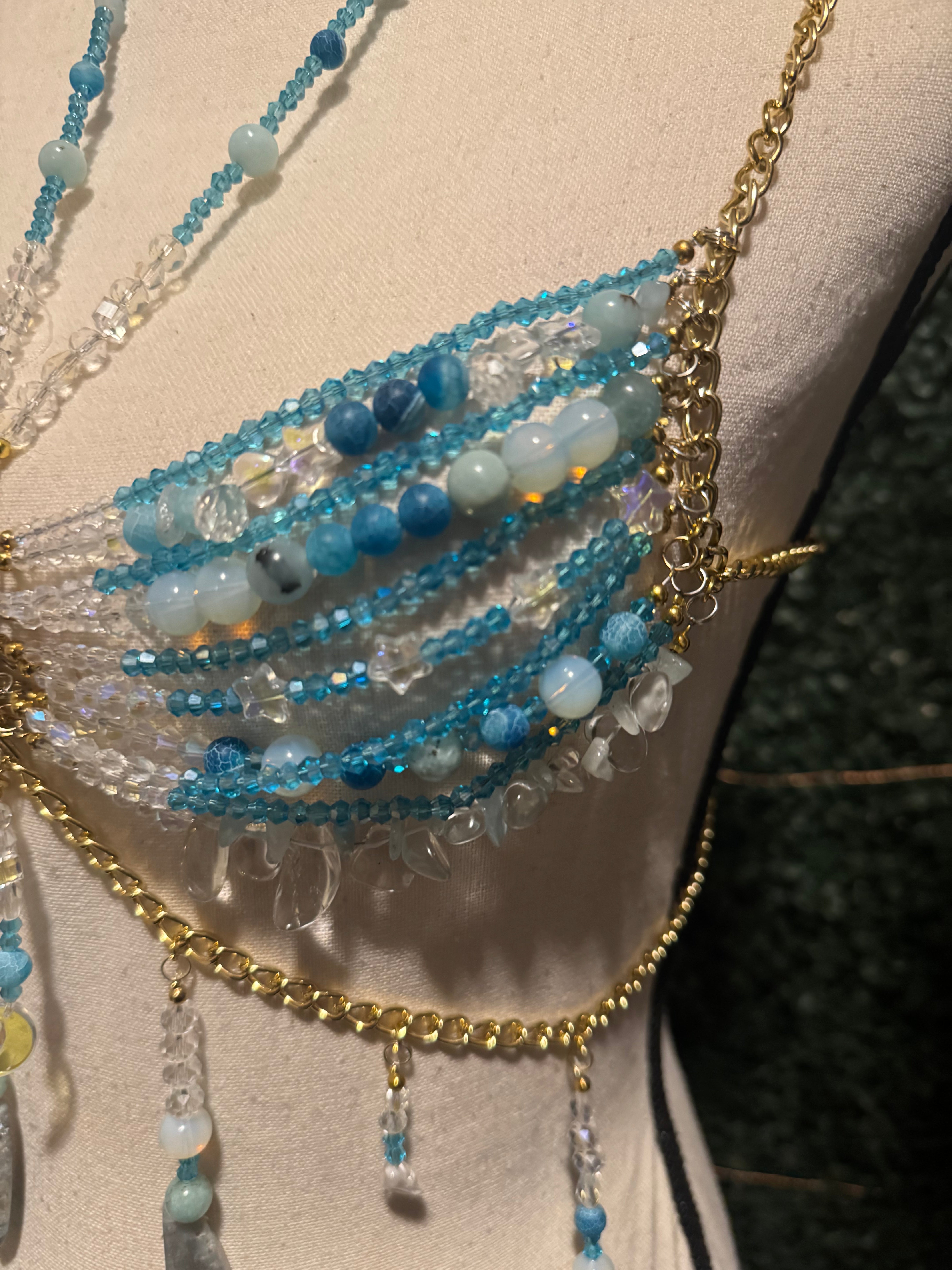 Tan Handmade Beaded Mermaid Goddess Bra Top- Waterfall Crop Tops