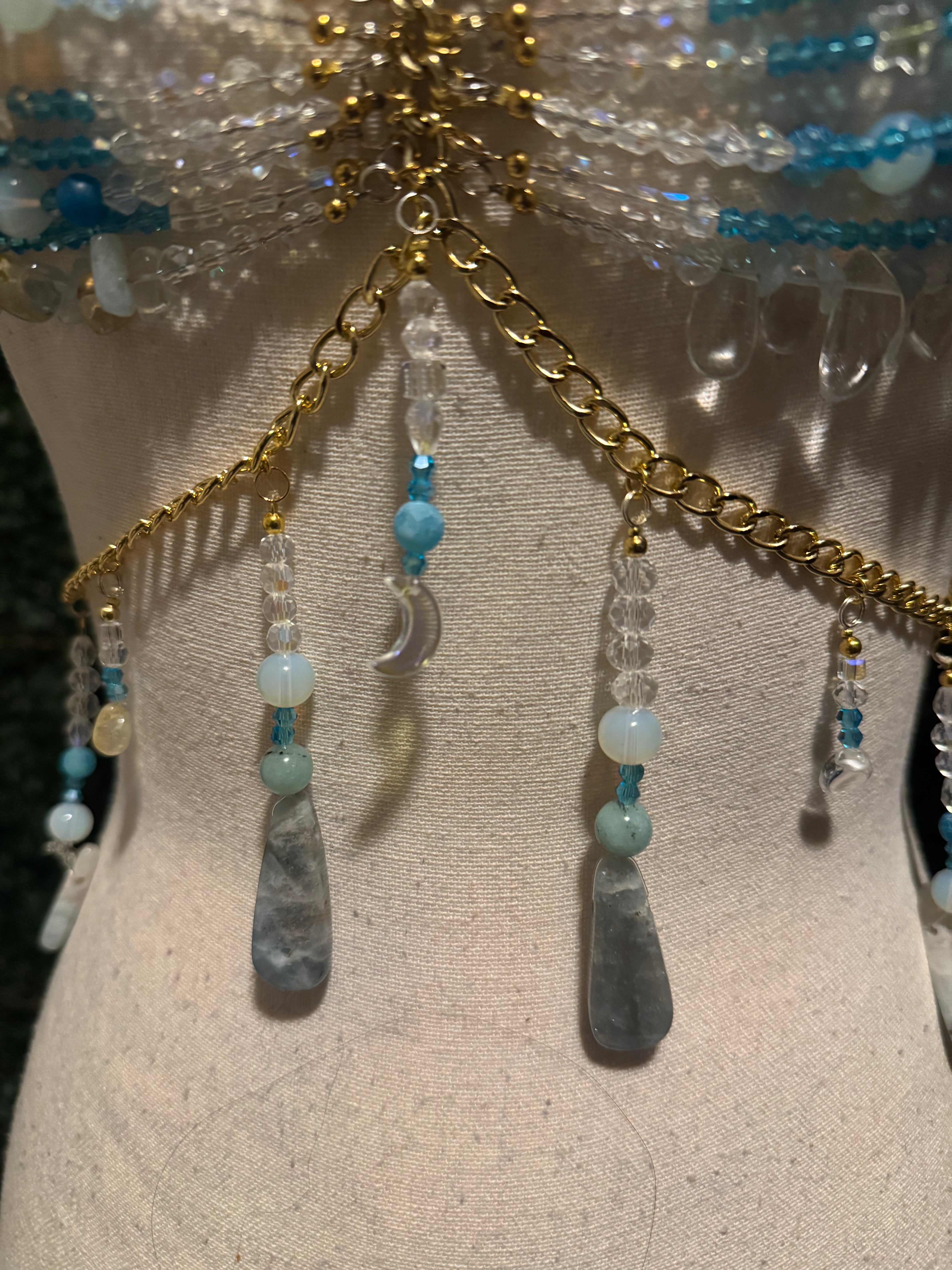 Slate Gray Handmade Beaded Mermaid Goddess Bra Top- Waterfall Crop Tops