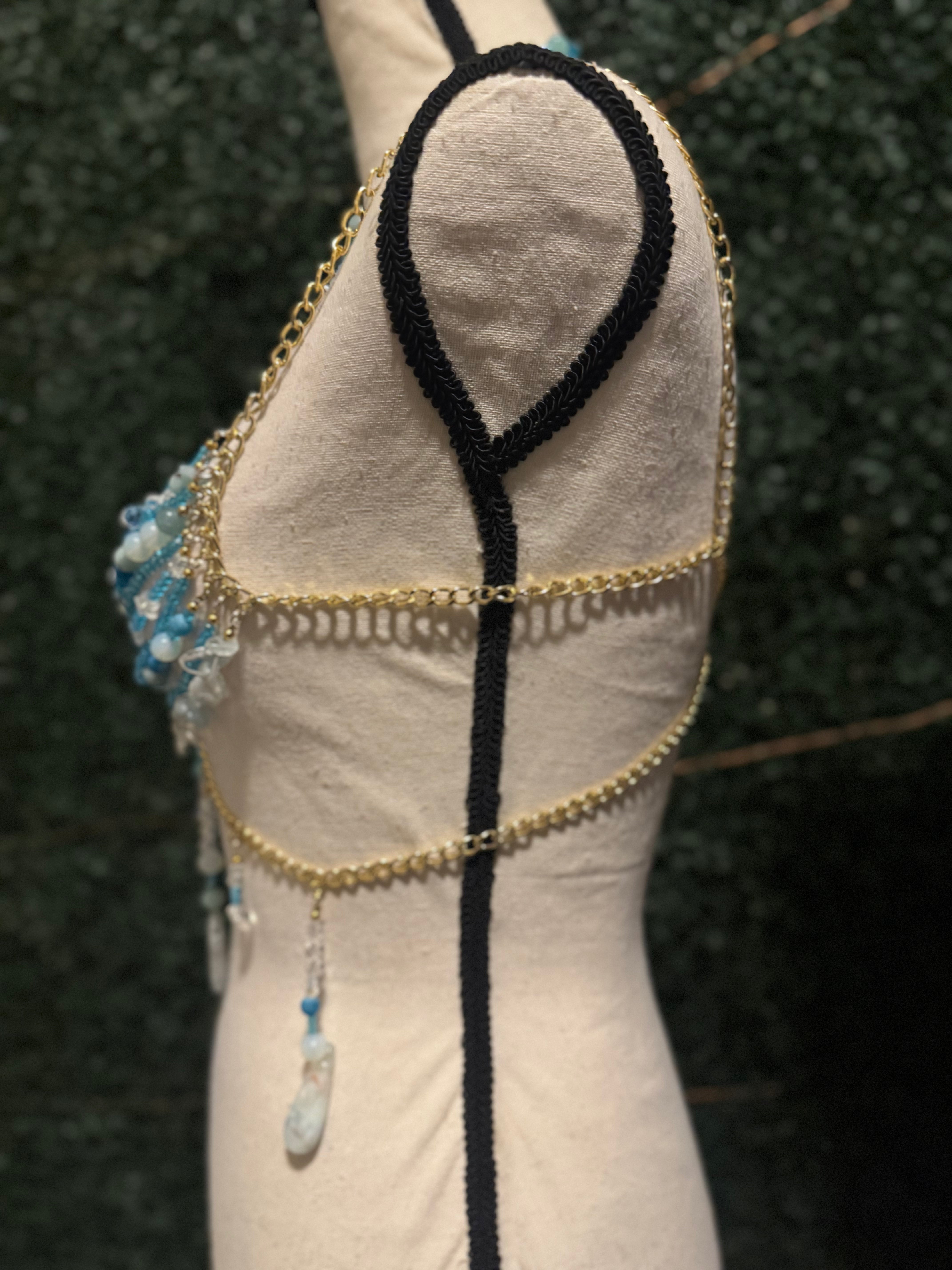 Tan Handmade Beaded Mermaid Goddess Bra Top- Waterfall Crop Tops