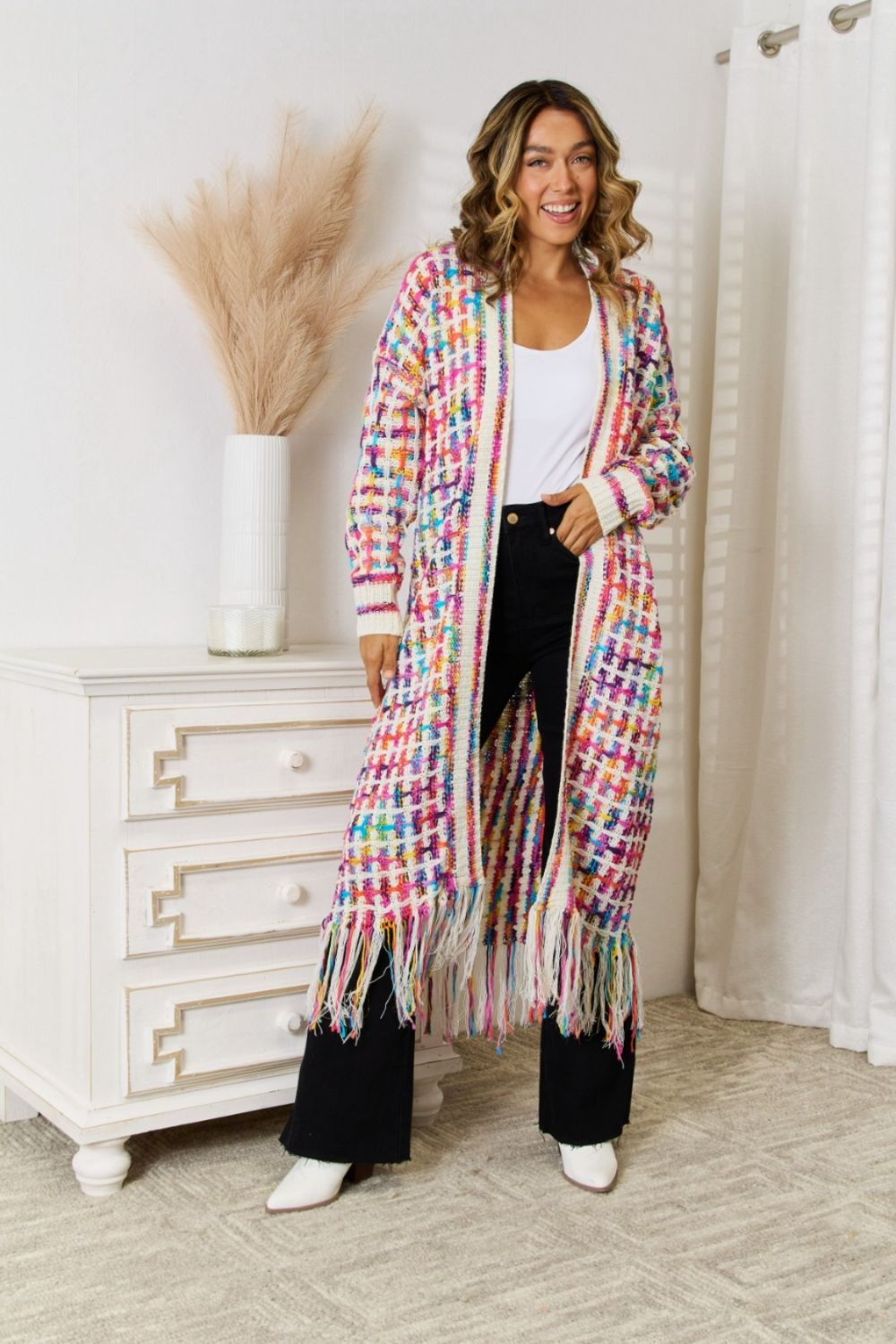 Light Gray Multicolored Open Front Fringe Hem Cardigan Clothing