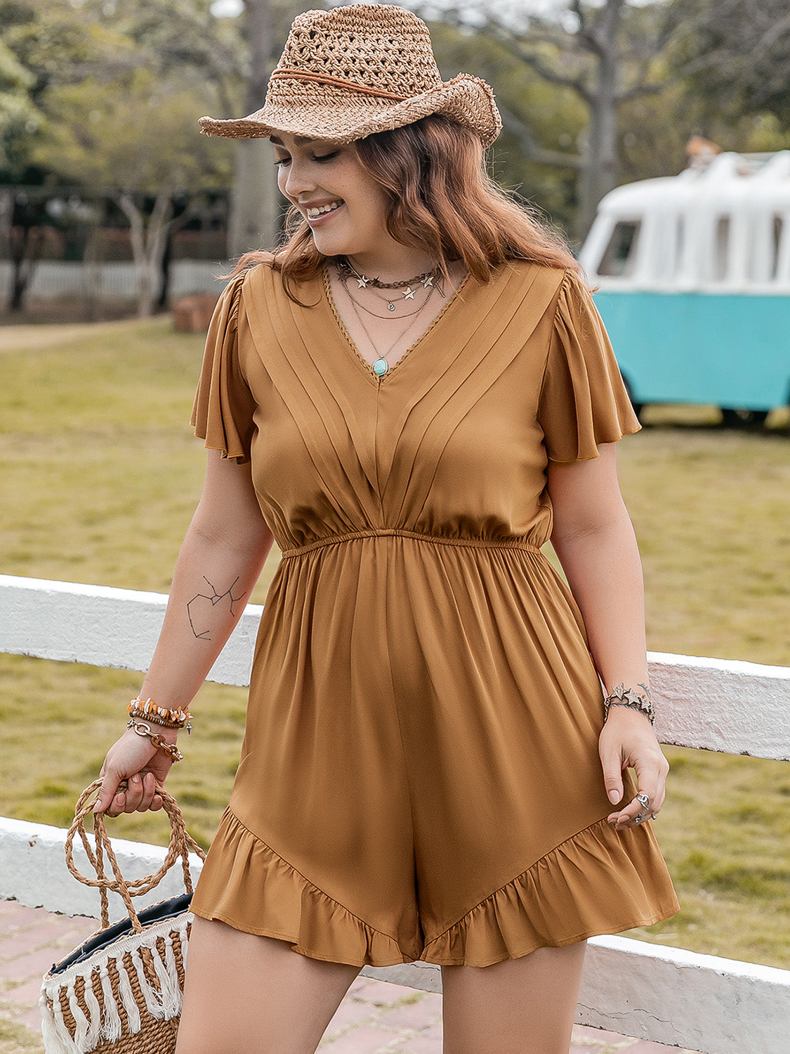 Rosy Brown Plus Size Ruffled V-Neck Short Sleeve Romper