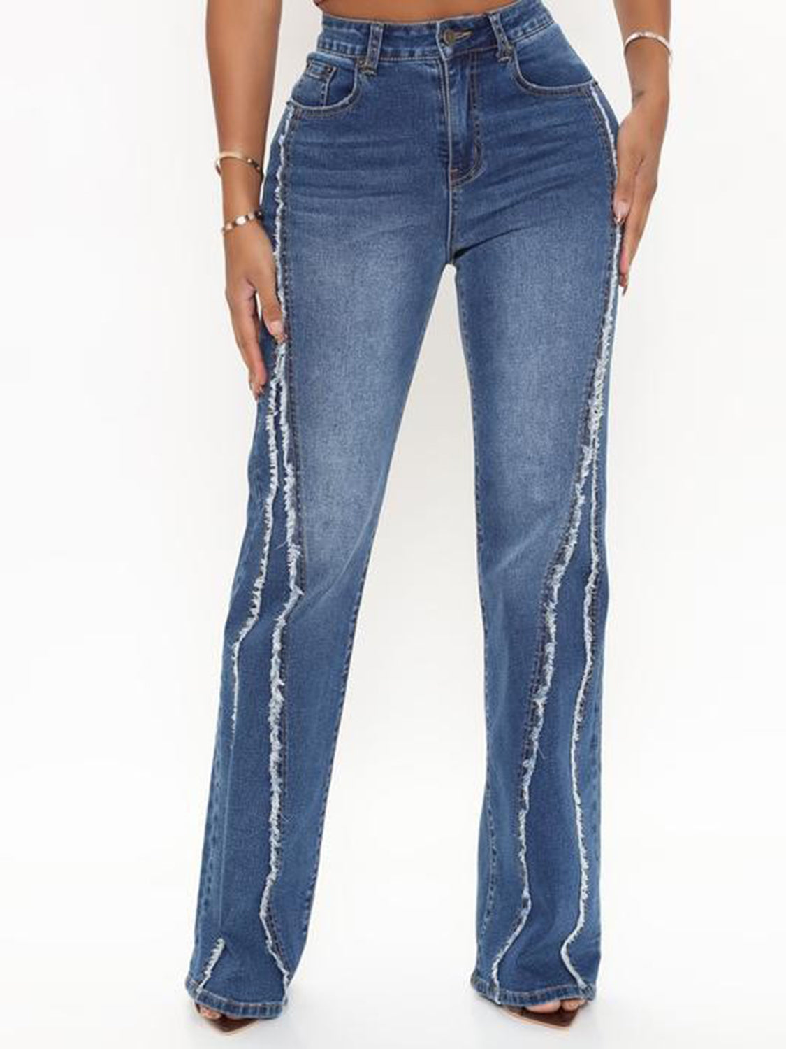 Dark Slate Blue Raw Hem High Waist Jeans