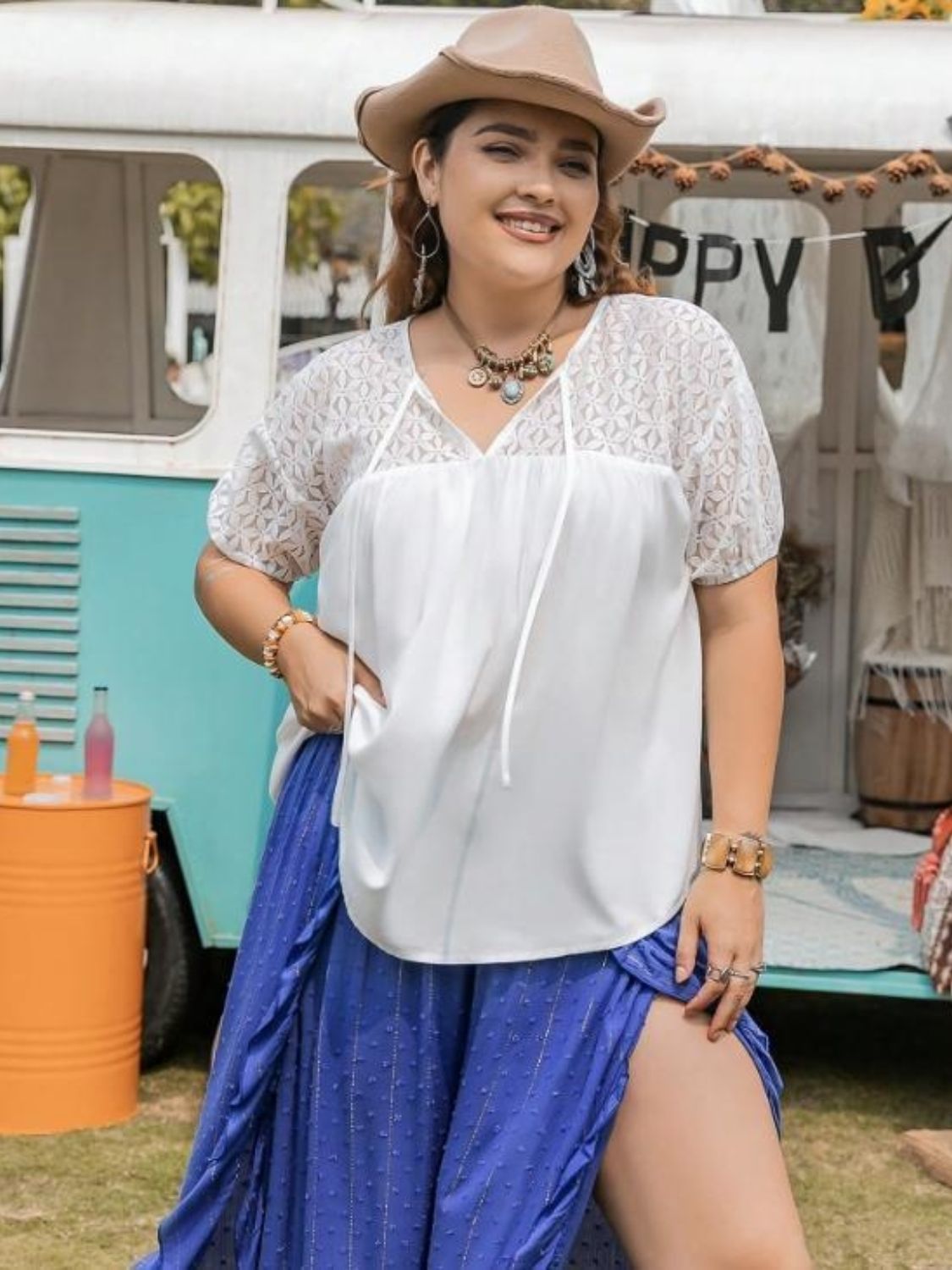 Gray Plus Size Tie Neck Short Sleeve Blouse