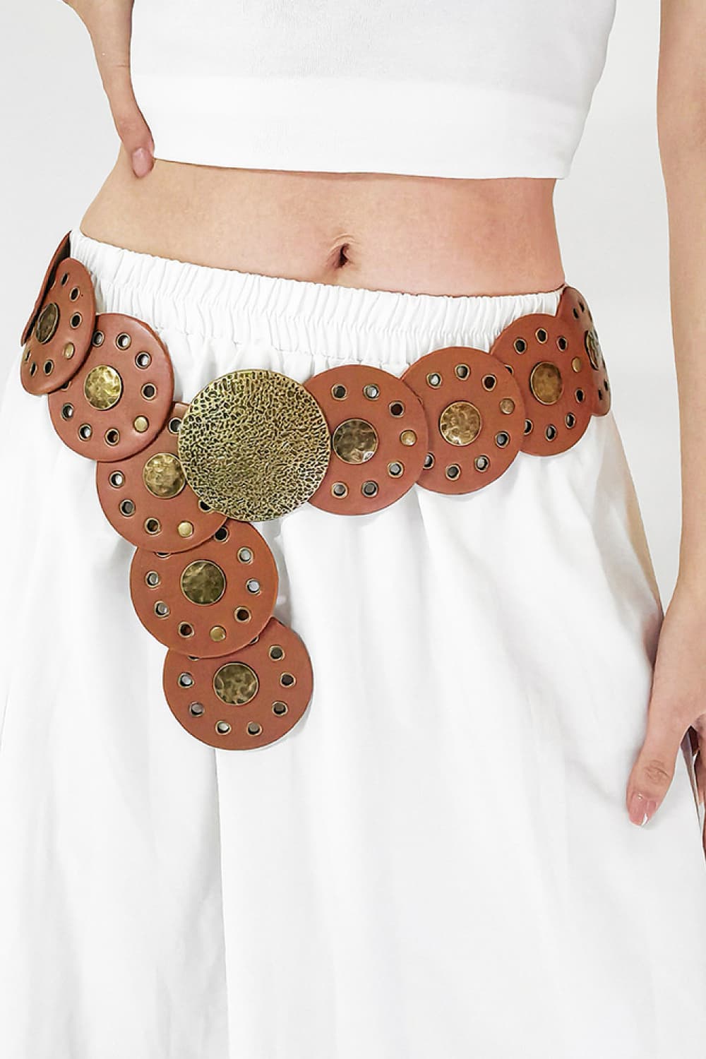 Antique White Round Shape PU Leather Belt