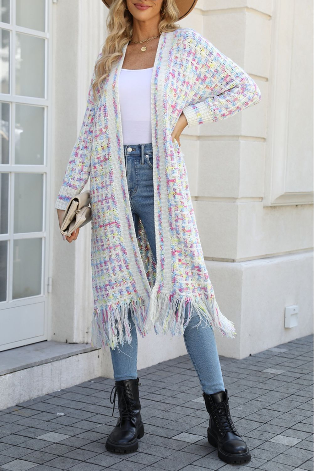 Gray Multicolored Open Front Fringe Hem Cardigan Clothing