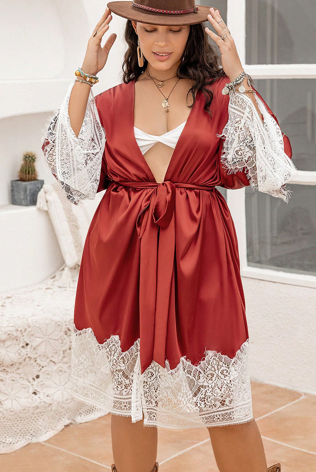 Light Gray Paradise Plus Size Lace Patchwork Tie Front Robe Robes