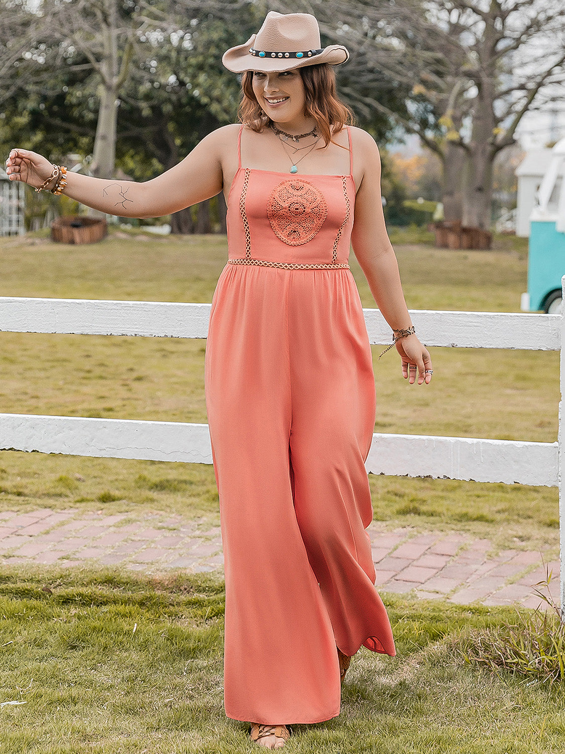 Rosy Brown Plus Size Lace Detail Spaghetti Strap Wide Leg Jumpsuit