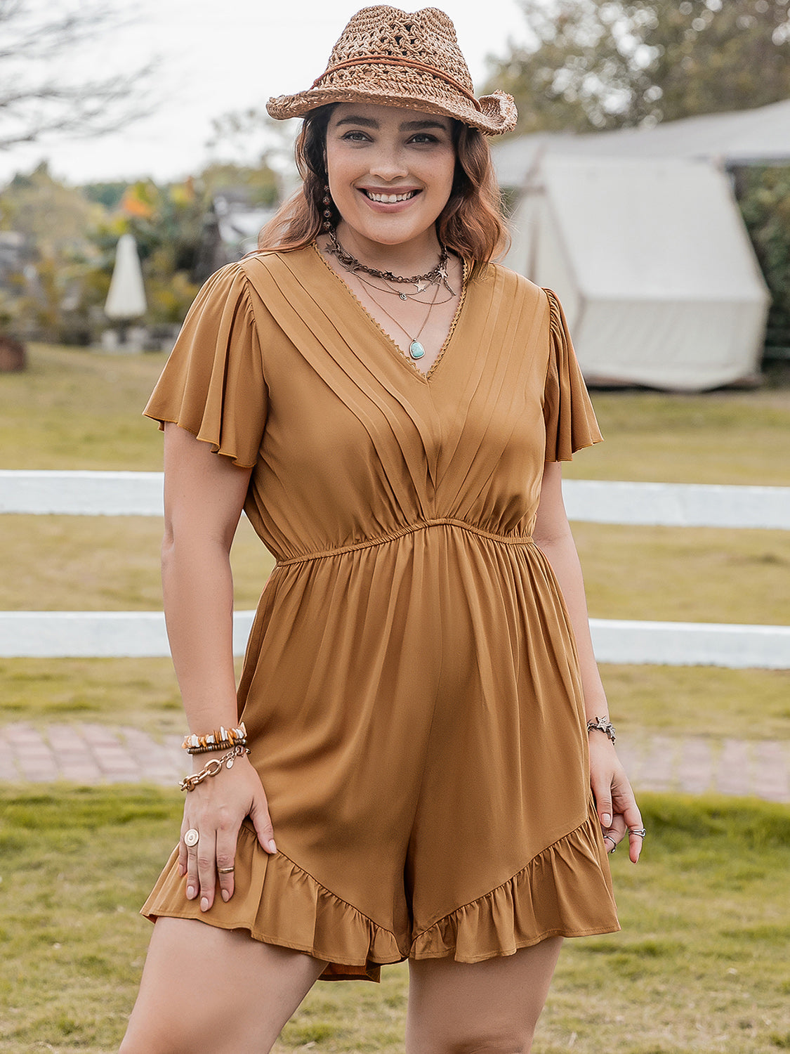 Rosy Brown Plus Size Ruffled V-Neck Short Sleeve Romper