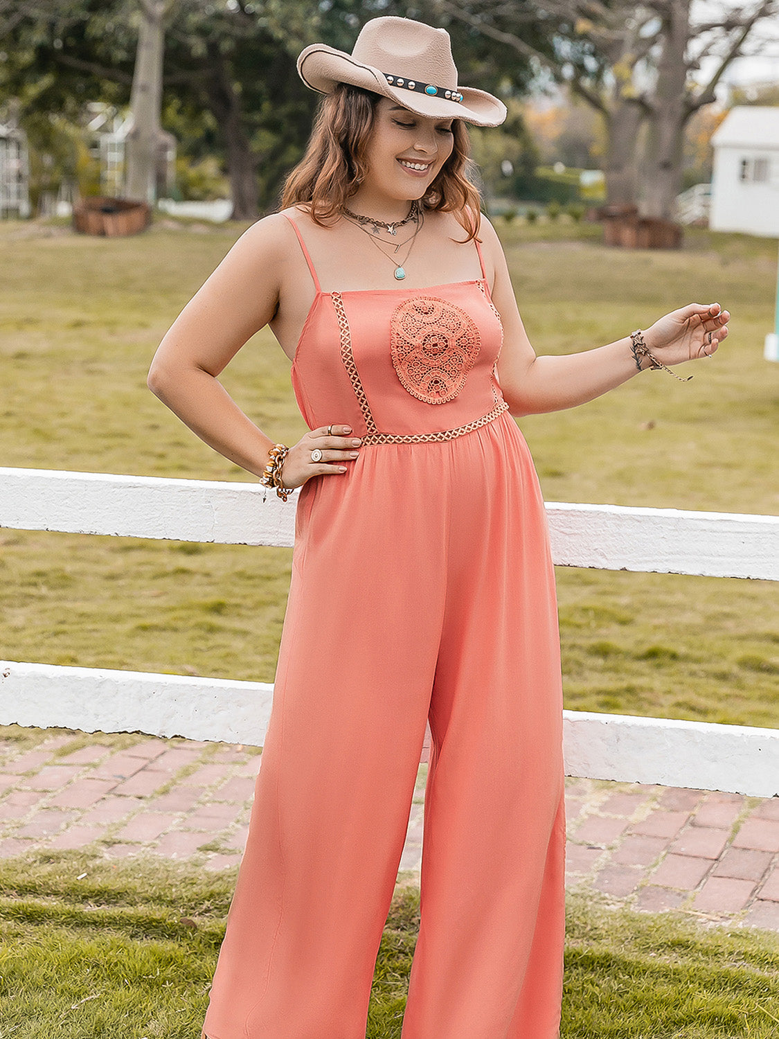 Rosy Brown Plus Size Lace Detail Spaghetti Strap Wide Leg Jumpsuit