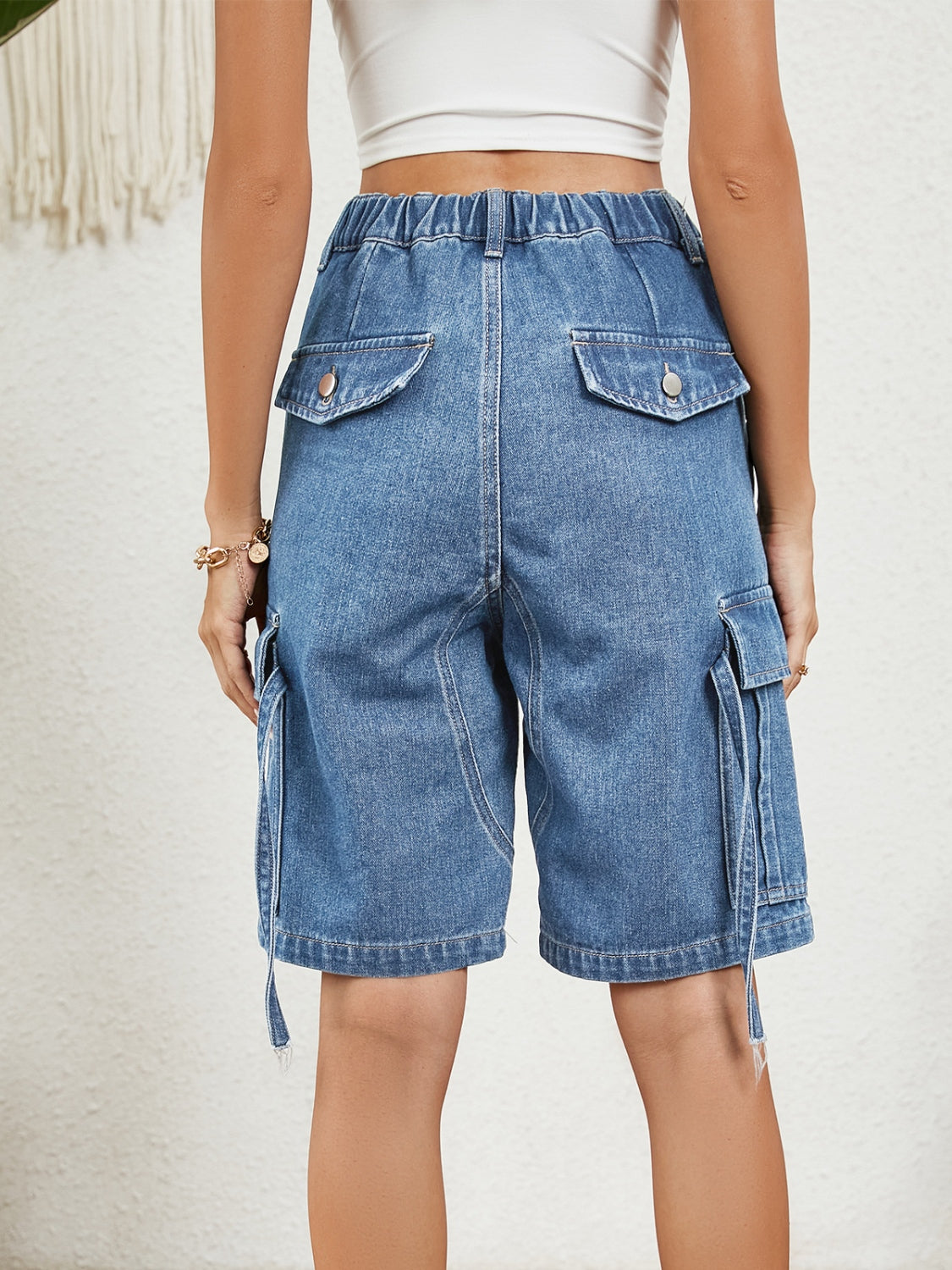Light Gray Buttoned Elastic Waist Denim Shorts with Pockets Denim