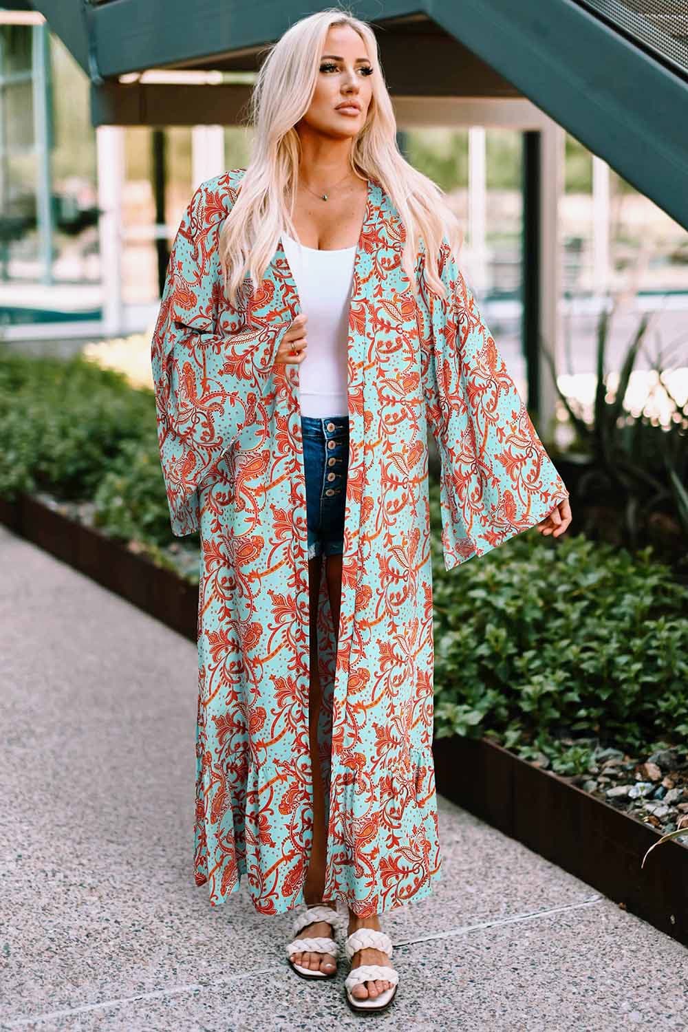 Gray Printed Open Front Duster Cardigan