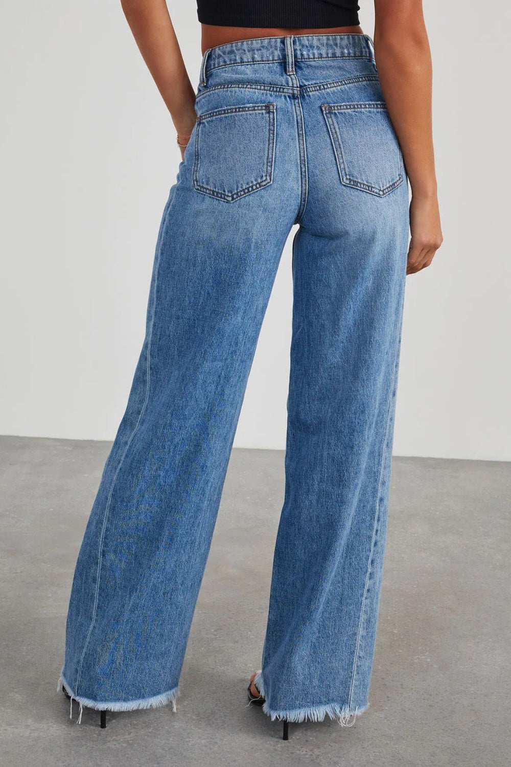 Light Slate Gray Raw Hem Wide Leg Jeans with Pockets Denim
