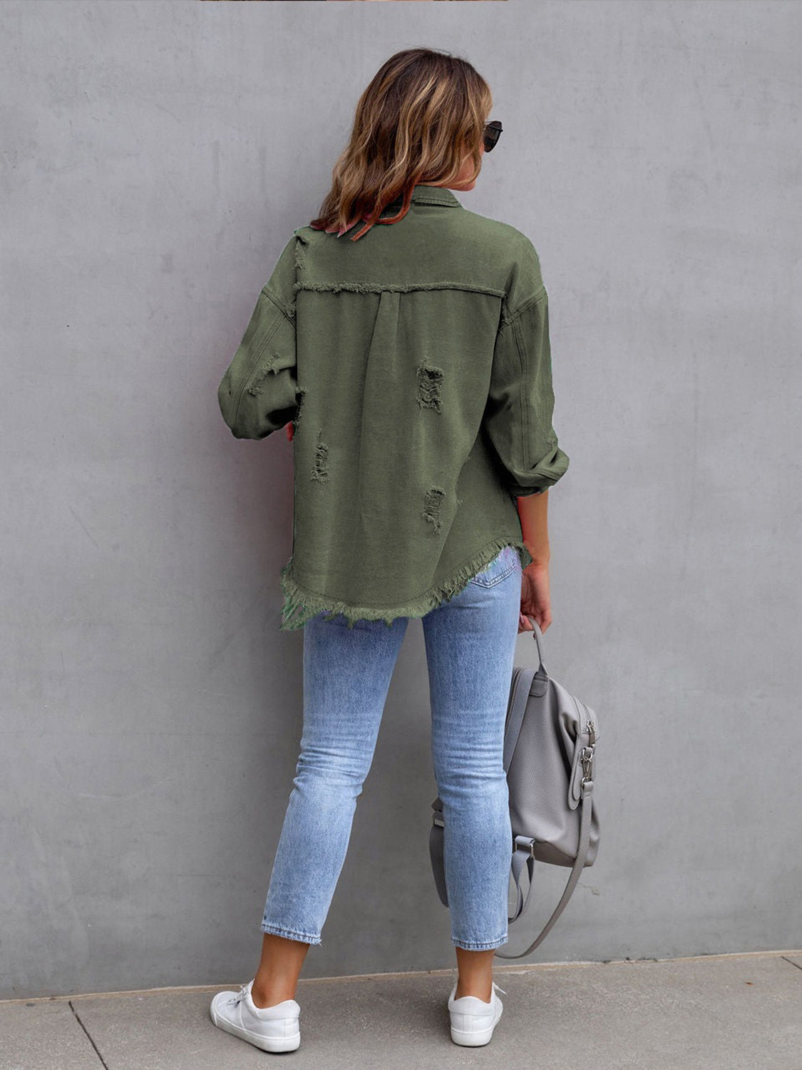 Light Slate Gray Distressed Drop Shoulder Denim Jacket
