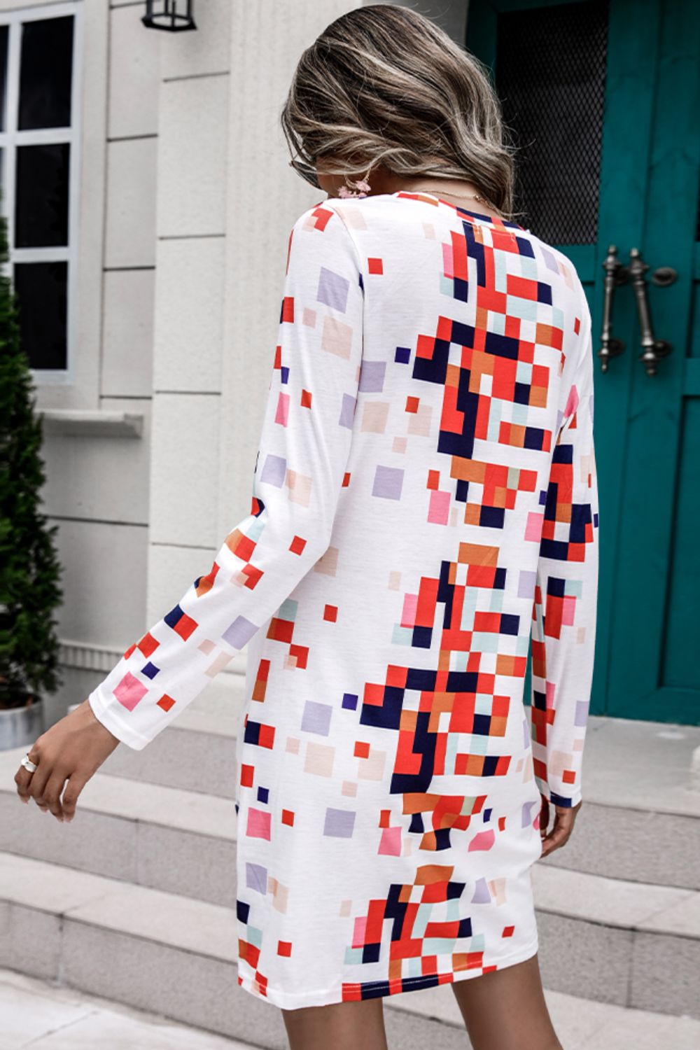 Light Gray Rainbow Checker Twisted Long Sleeve Dress