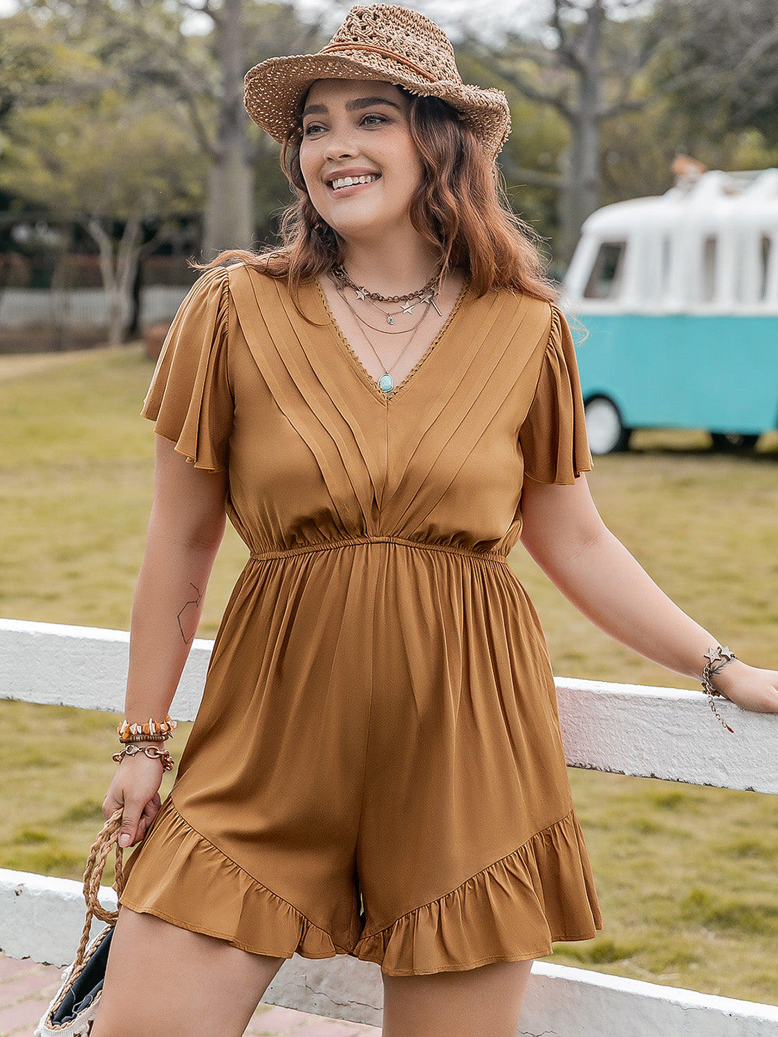 Rosy Brown Plus Size Ruffled V-Neck Short Sleeve Romper