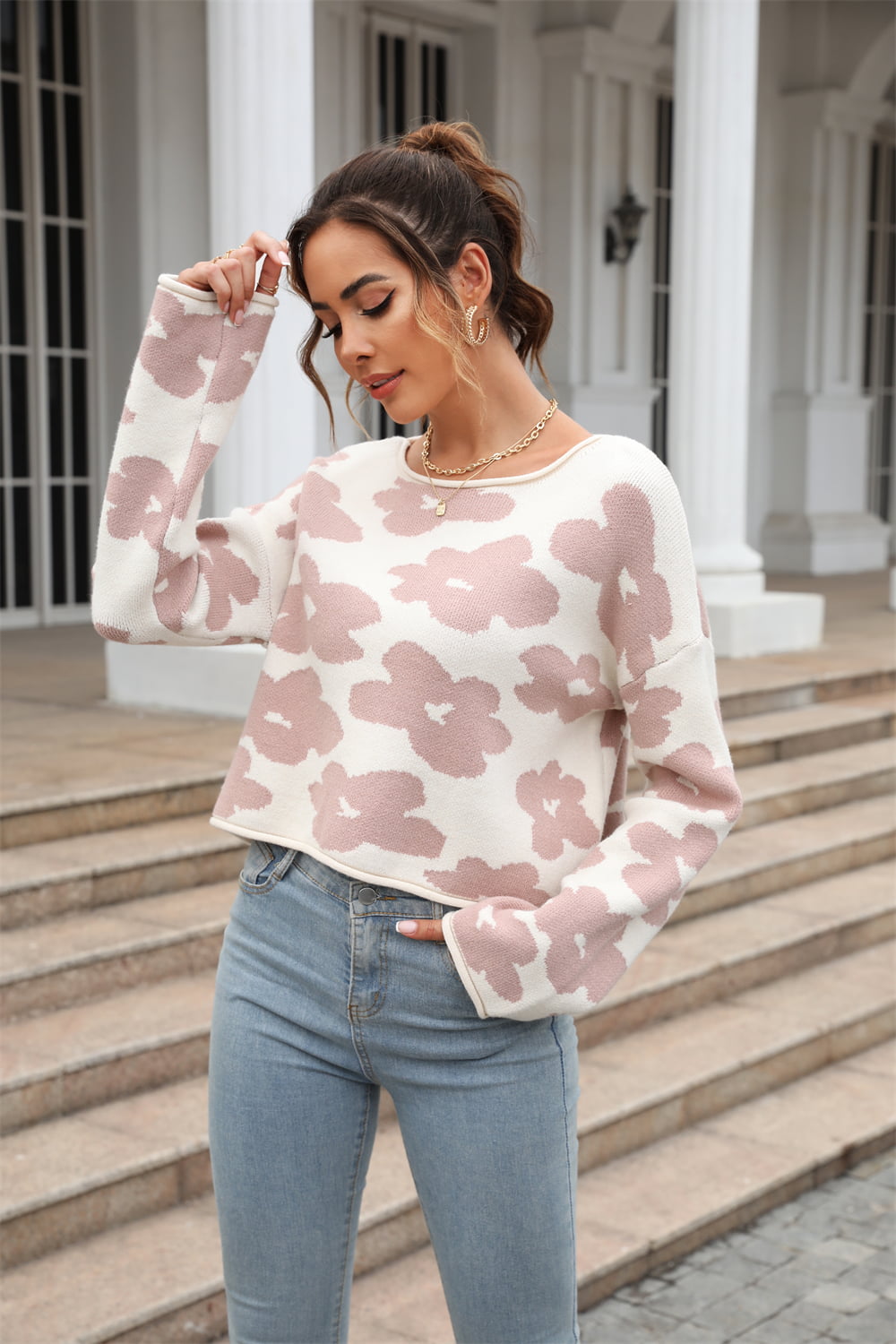 Rosy Brown Round Neck Flower Pattern Dropped Shoulder Pullover Sweater