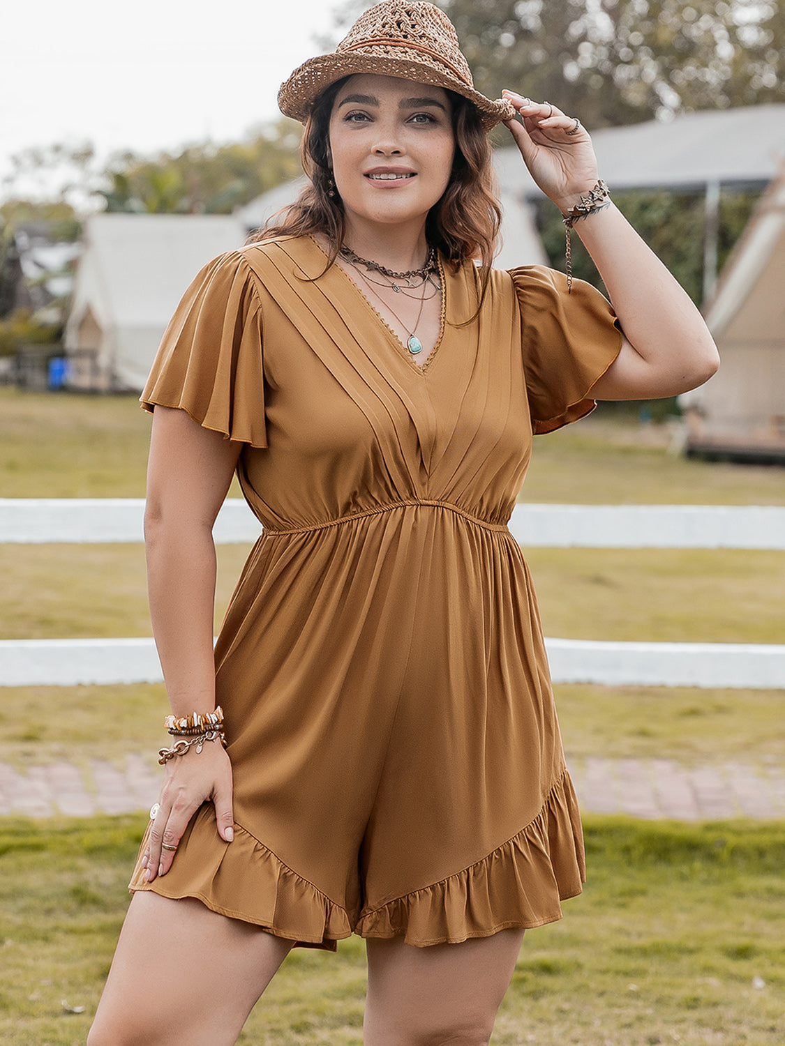 Rosy Brown Plus Size Ruffled V-Neck Short Sleeve Romper